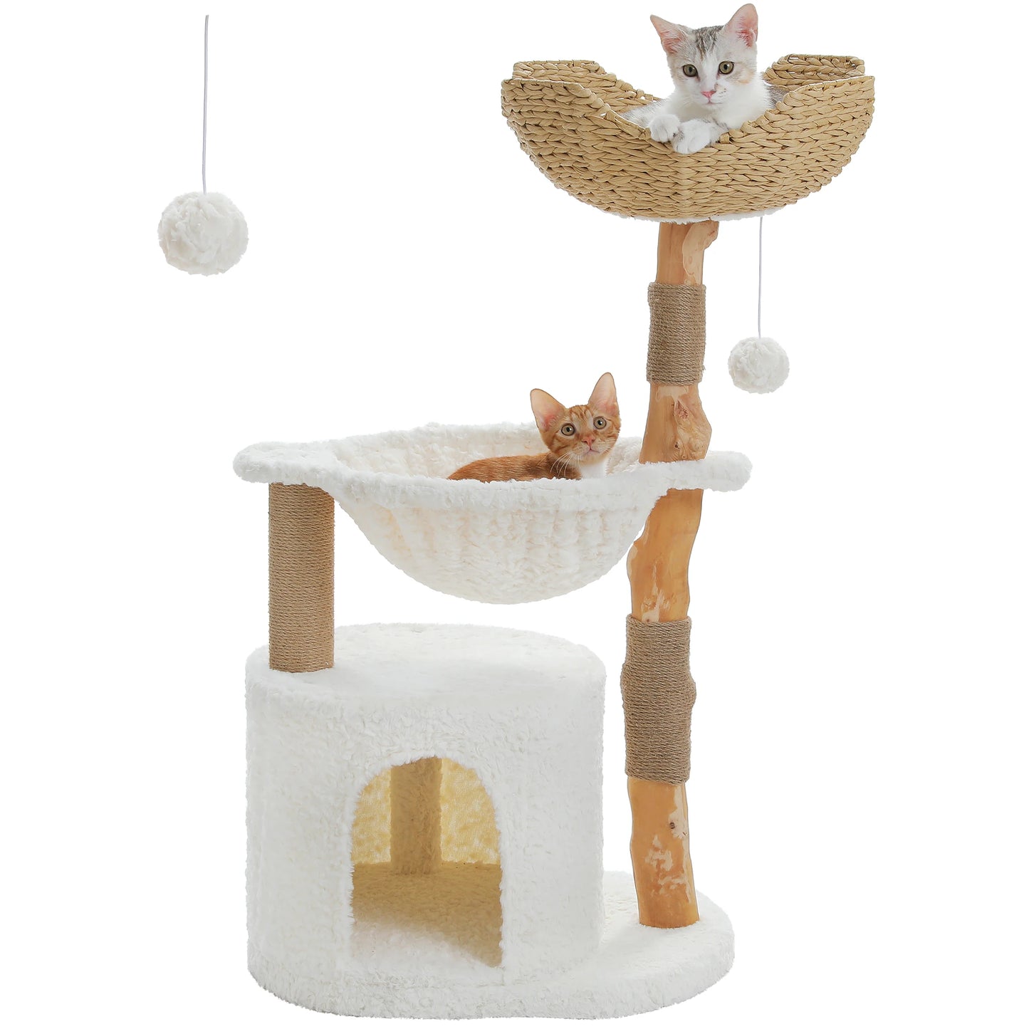Solid Wood Cat Tree, Modern Cat Tower with Spacious Cat Condo, Flower Perches, Fun Pompom, Double Comfort Perfect for Indoor Kittens