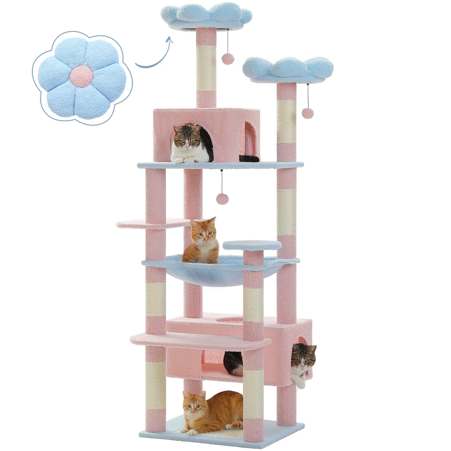 Multi-Level Cat Tree Tower with Scratching Posts &  Board , Hammock, Cat Condo, Spacious Top Perch,Dangling Balls for Indoor Cats