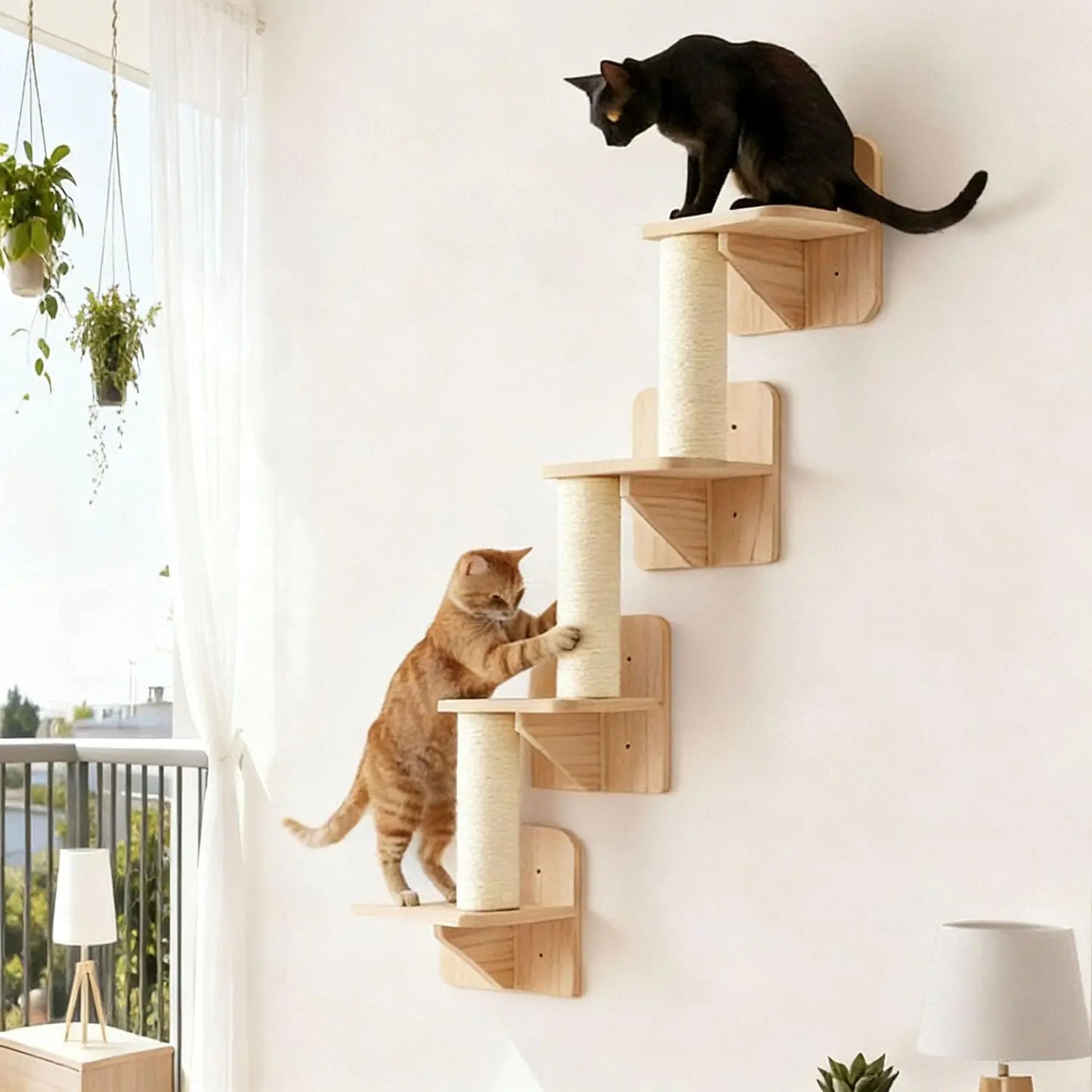 Cat Wall Shelves & Climber for Kittens Solid Wood cat ClimFrame – 4-Level Wall Mounted Cat Tree with Natural Sisal Pads
