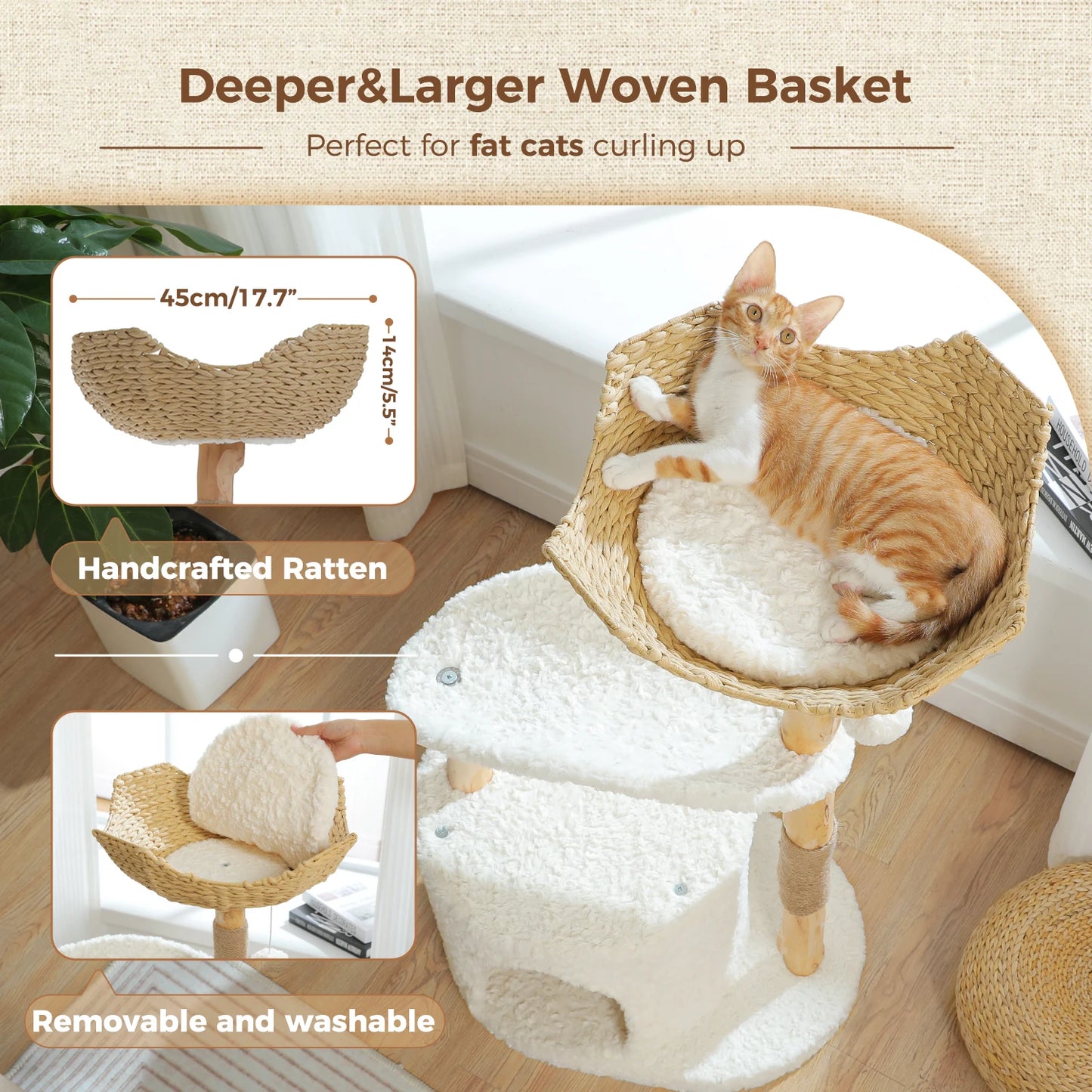 Solid Wood Cat Tree, Modern Cat Tower with Spacious Cat Condo, Flower Perches, Fun Pompom, Double Comfort Perfect for Indoor Kittens