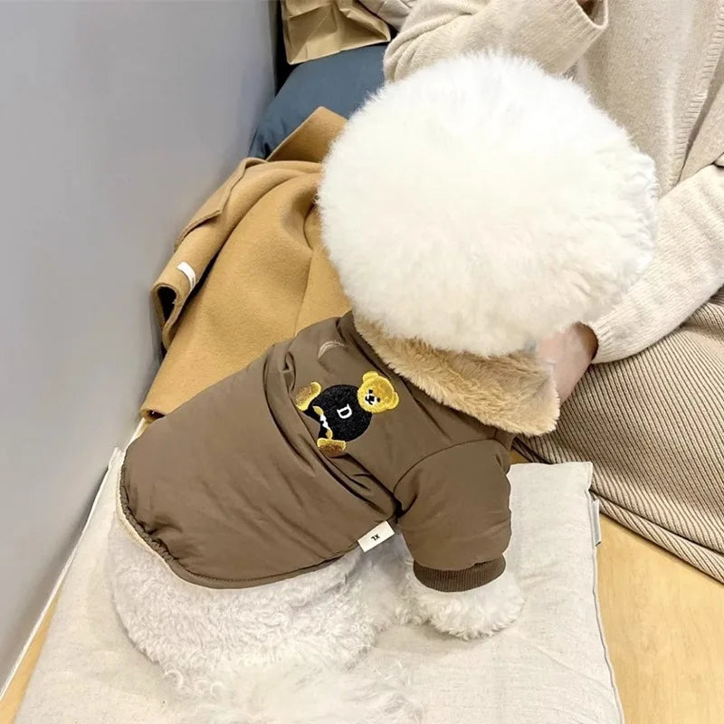 Winter Dog Clothes Luxury Bear Print Fur Collar Windproof Jacket, Chihuahua, Yorkies ,Warm Coat Puppy Outfit ,Clothing Pet Costume