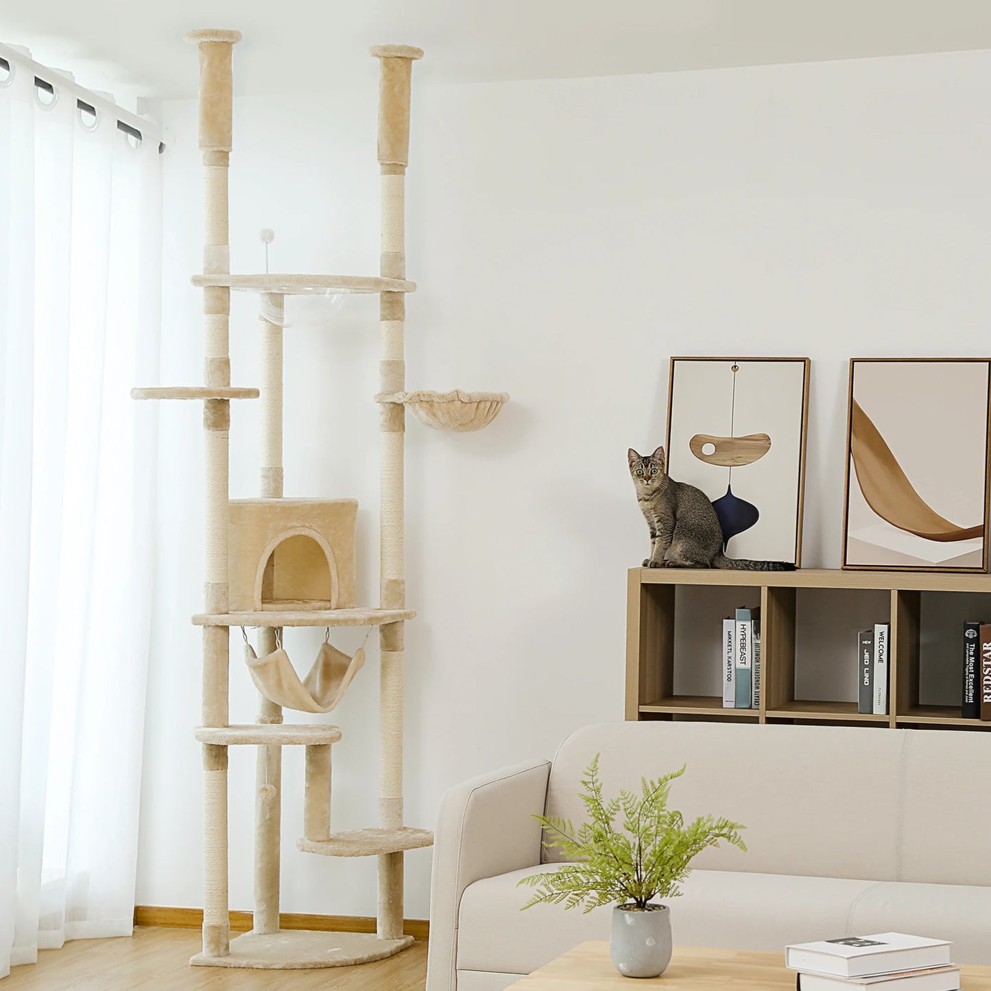 Floor to Ceiling Cat Tree Adjustable, Cat Tower Tall Kitty Climbing Play House with Scratching Posts, Cozy Condo Perches, Hammock