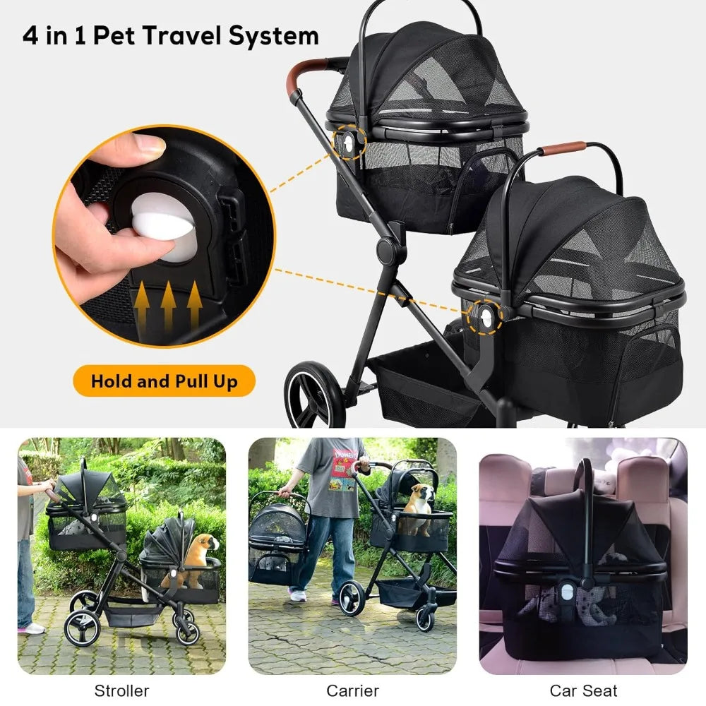 Foldable Double Pet Stroller for 2 Small Medium Cats Dogs, Lightweight Single and Double Integrated Pet Stroller