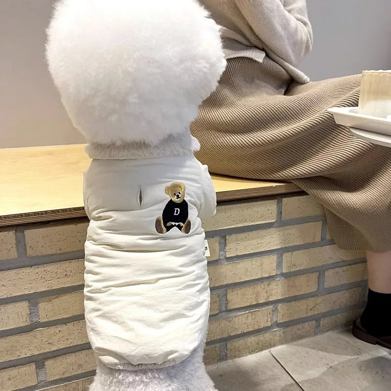 Winter Dog Clothes Luxury Bear Print Fur Collar Windproof Jacket, Chihuahua, Yorkies ,Warm Coat Puppy Outfit ,Clothing Pet Costume