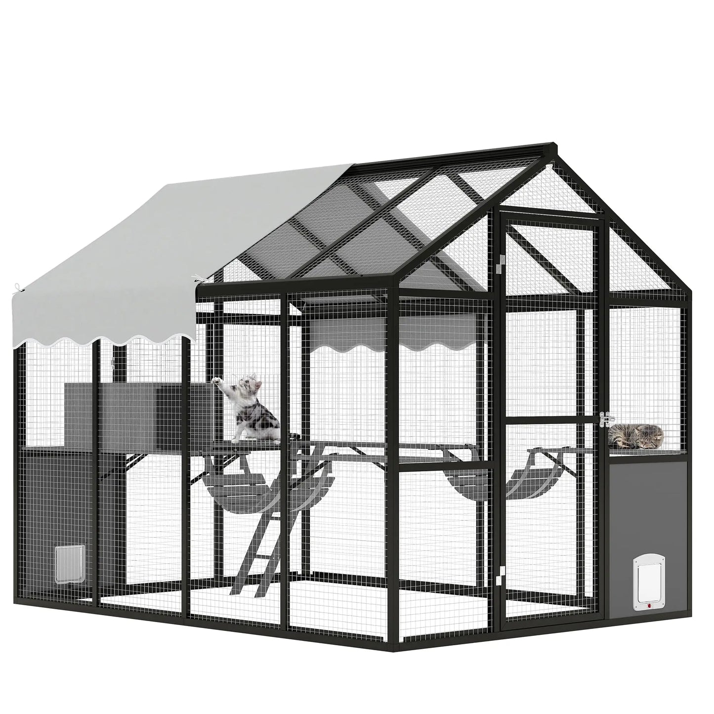 Extra Large Aluminum Outdoor Catio Enclosure For Multiple Cats Walk-in Cat Run With UV-Proof Cover Platforms & Adjustable Doors