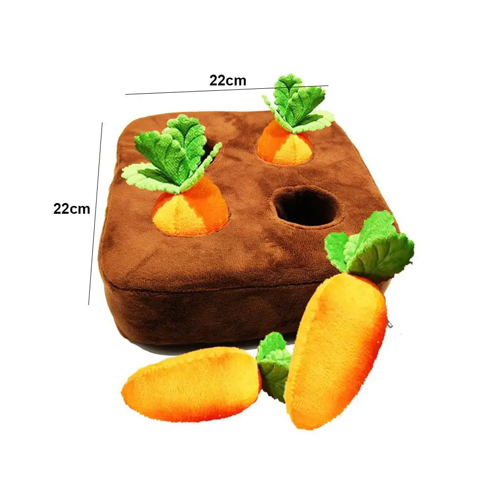 Plush carrot dog reinforced puzzle toy for interactive play, mental stimulation and foraging carrot patch dog puzzle toy