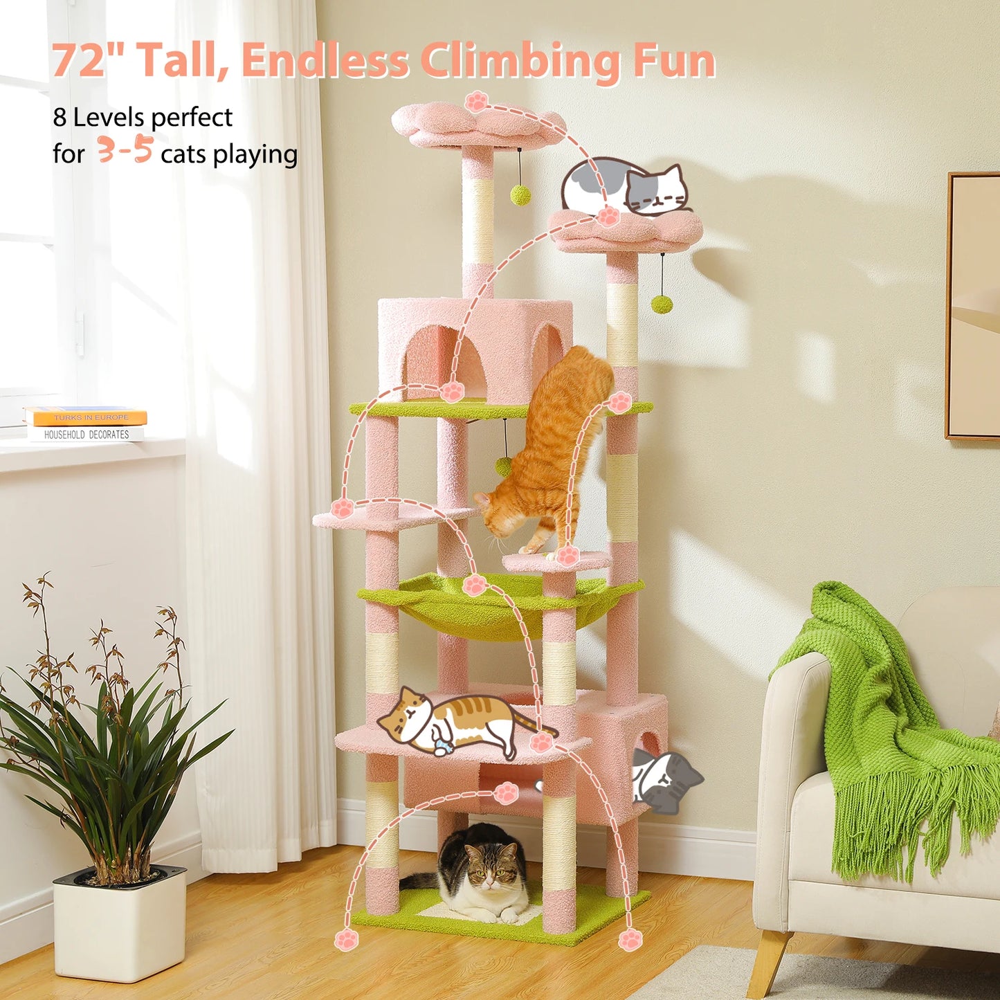Multi-Level Cat Tree Tower with Scratching Posts &  Board , Hammock, Cat Condo, Spacious Top Perch,Dangling Balls for Indoor Cats