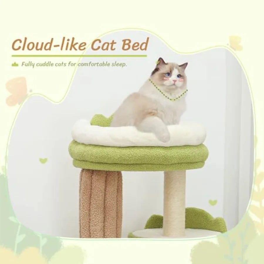 42.5 Cute Cat Tree Green Cat Tree for Indoor Cats,  Aesthetic Cat Tower with Teddy Fleece Cats,  Condo Unique Cat Furniture for Small Cats