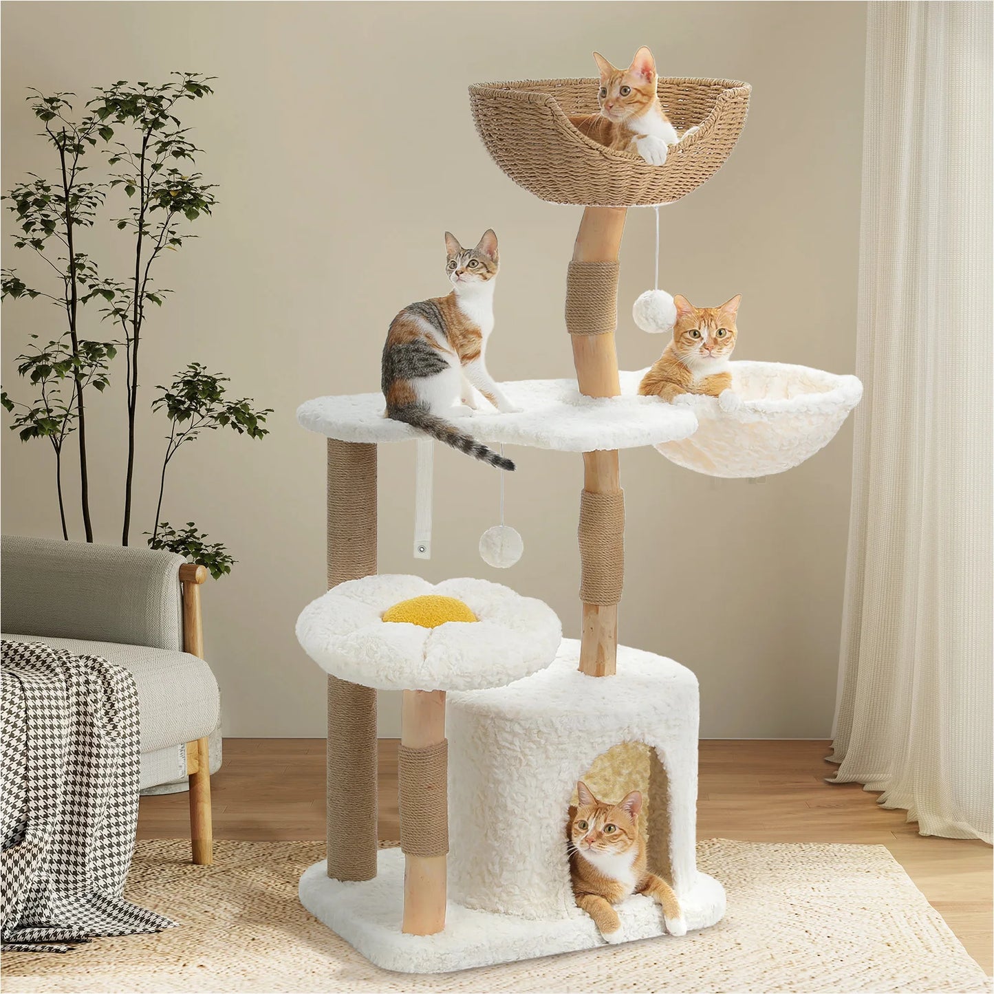 Solid Wood Cat Tree, Modern Cat Tower with Spacious Cat Condo, Flower Perches, Fun Pompom, Double Comfort Perfect for Indoor Kittens