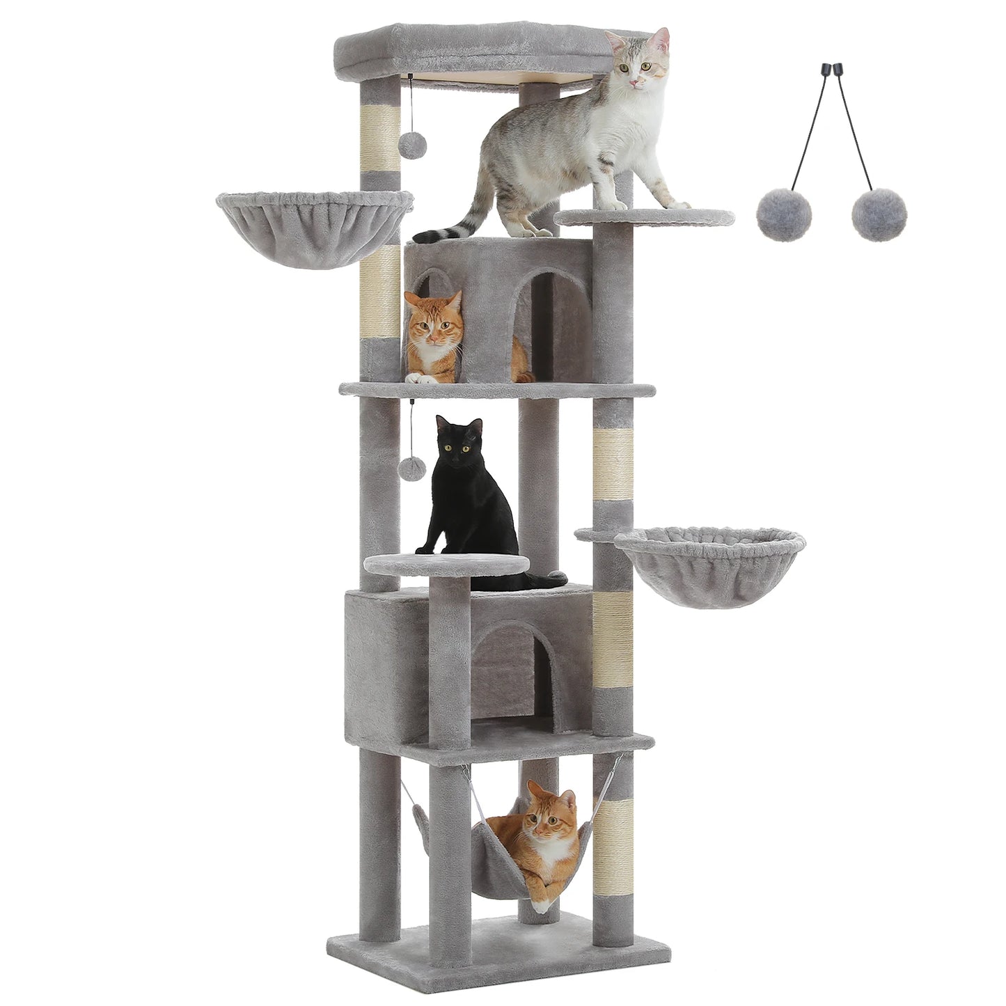 Tall Cat Tree with Scratching Posts Cozy Hammock Top Perch Multi-Level Large Cat Tower Spacious Cat Condo for Indoor Cat Toys
