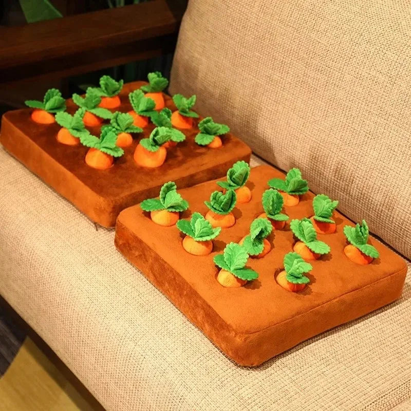 Plush carrot dog reinforced puzzle toy for interactive play, mental stimulation and foraging carrot patch dog puzzle toy