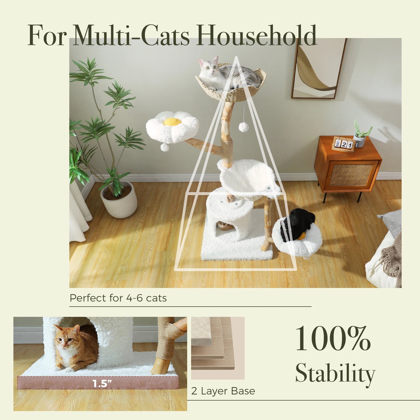 Solid Wood Cat Tree, Modern Cat Tower with Spacious Cat Condo, Flower Perches, Fun Pompom, Double Comfort Perfect for Indoor Kittens