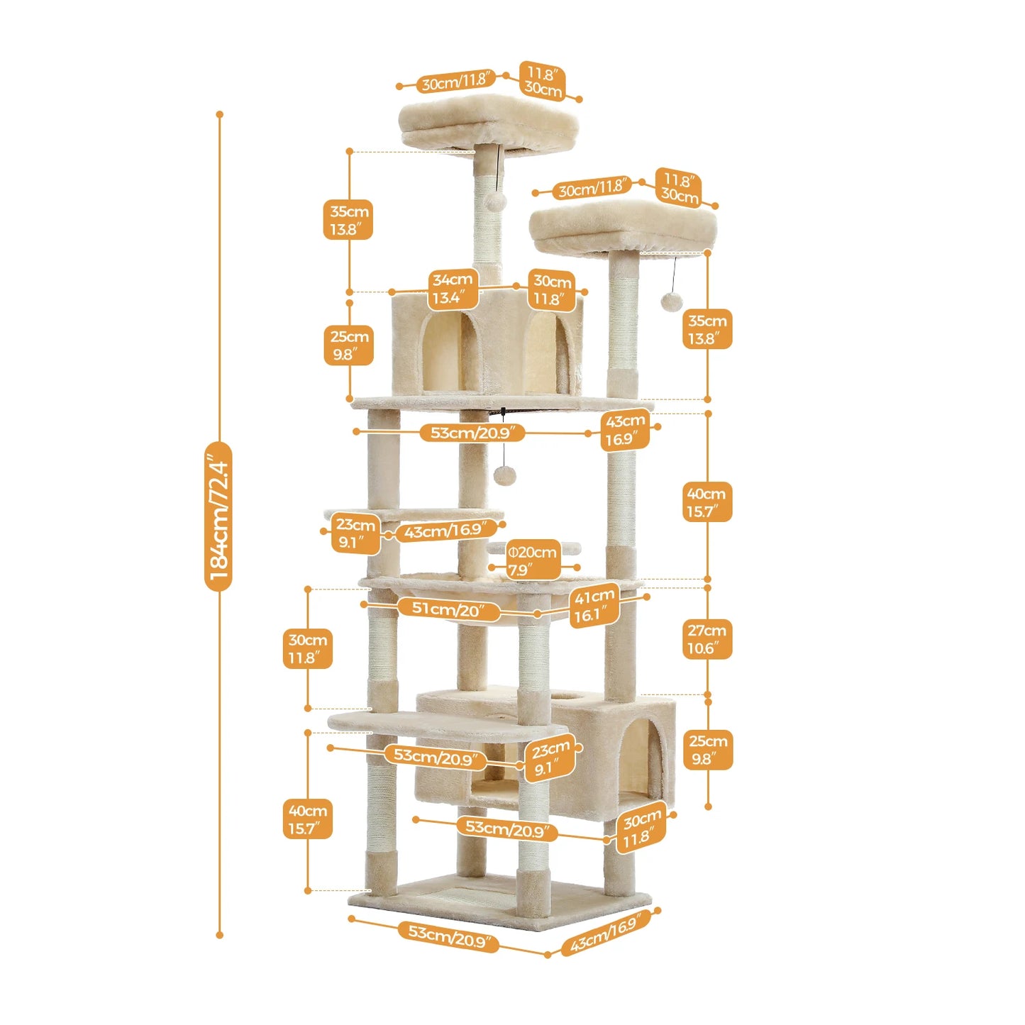 Multi-Level Cat Tree Tower with Scratching Posts &  Board , Hammock, Cat Condo, Spacious Top Perch,Dangling Balls for Indoor Cats