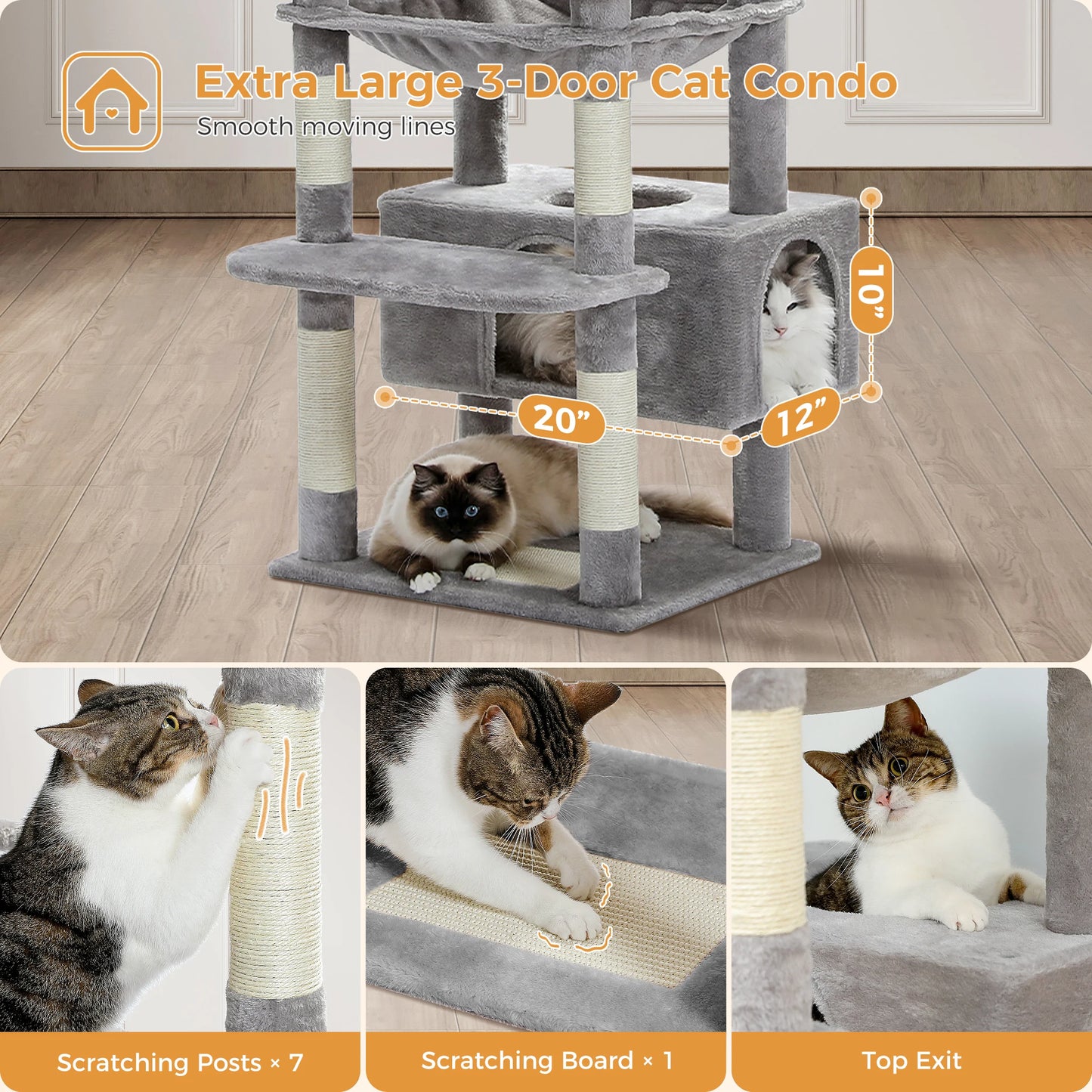 Multi-Level Cat Tree Tower with Scratching Posts &  Board , Hammock, Cat Condo, Spacious Top Perch,Dangling Balls for Indoor Cats