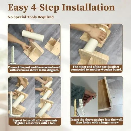 Cat Wall Shelves & Climber for Kittens Solid Wood cat ClimFrame – 4-Level Wall Mounted Cat Tree with Natural Sisal Pads