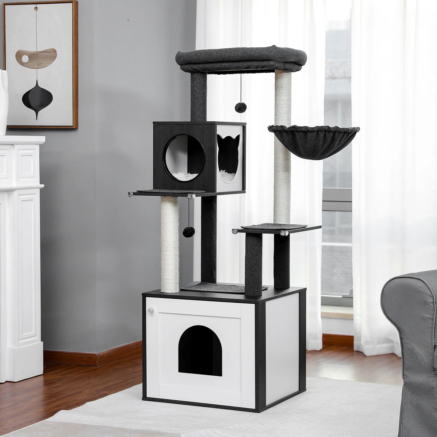 Multi-Level Cat Tree for Indoor Wood Cat , Tower with Scratching Posts Spacious Condo, Hammock Top Perch Cat Scratcher
