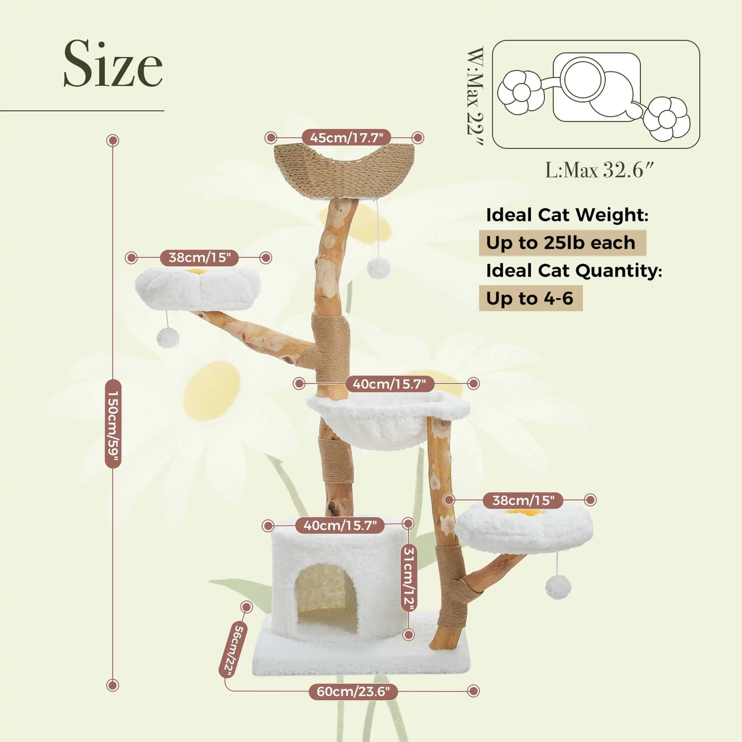 Solid Wood Cat Tree, Modern Cat Tower with Spacious Cat Condo, Flower Perches, Fun Pompom, Double Comfort Perfect for Indoor Kittens
