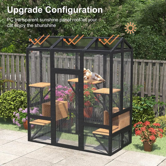 Large Outdoor Cat Enclosure for Multiple Cats with Walk-In Access , Waterproof Cover and Sunlight-Reflective Roof Features 7 Plate