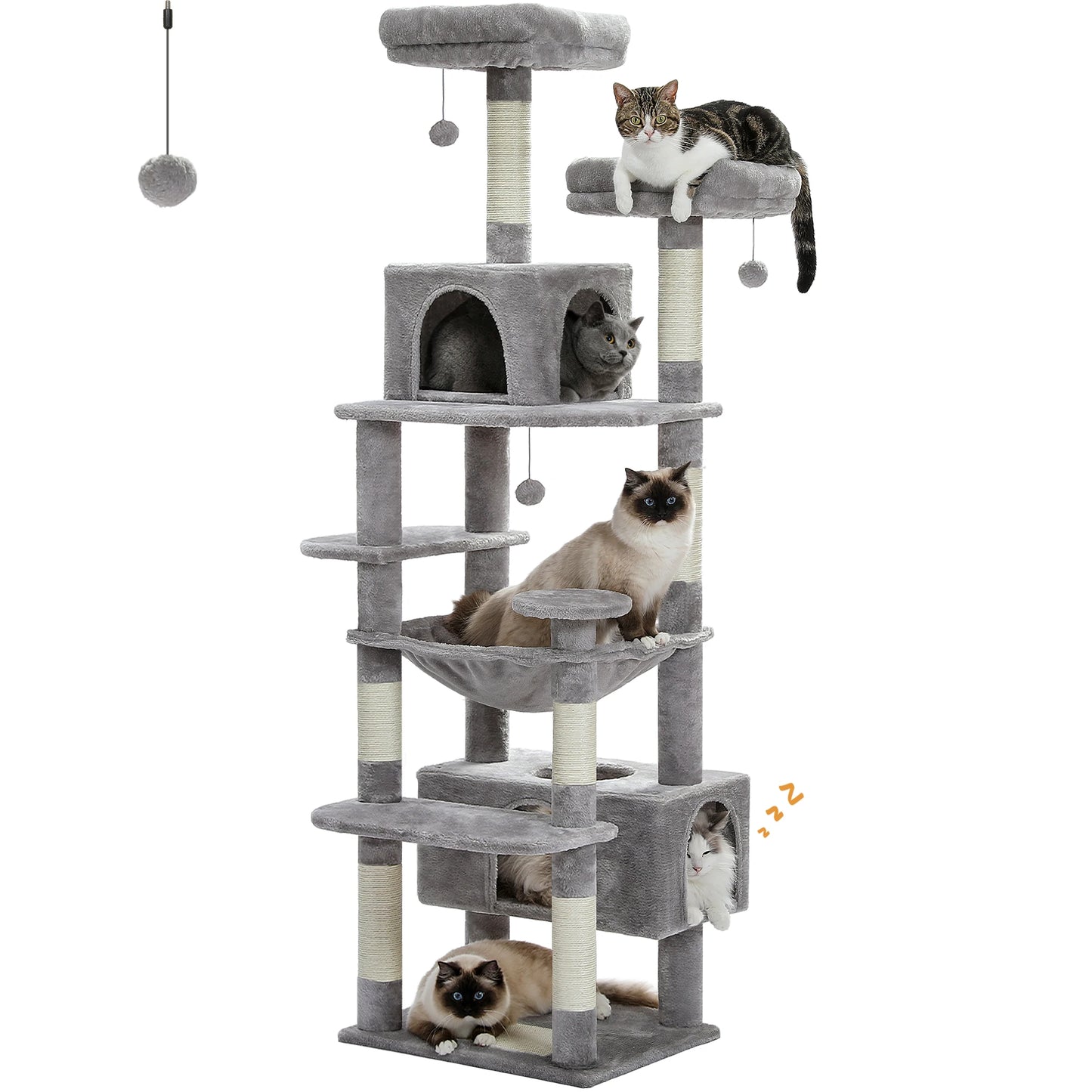 Multi-Level Cat Tree Tower with Scratching Posts &  Board , Hammock, Cat Condo, Spacious Top Perch,Dangling Balls for Indoor Cats