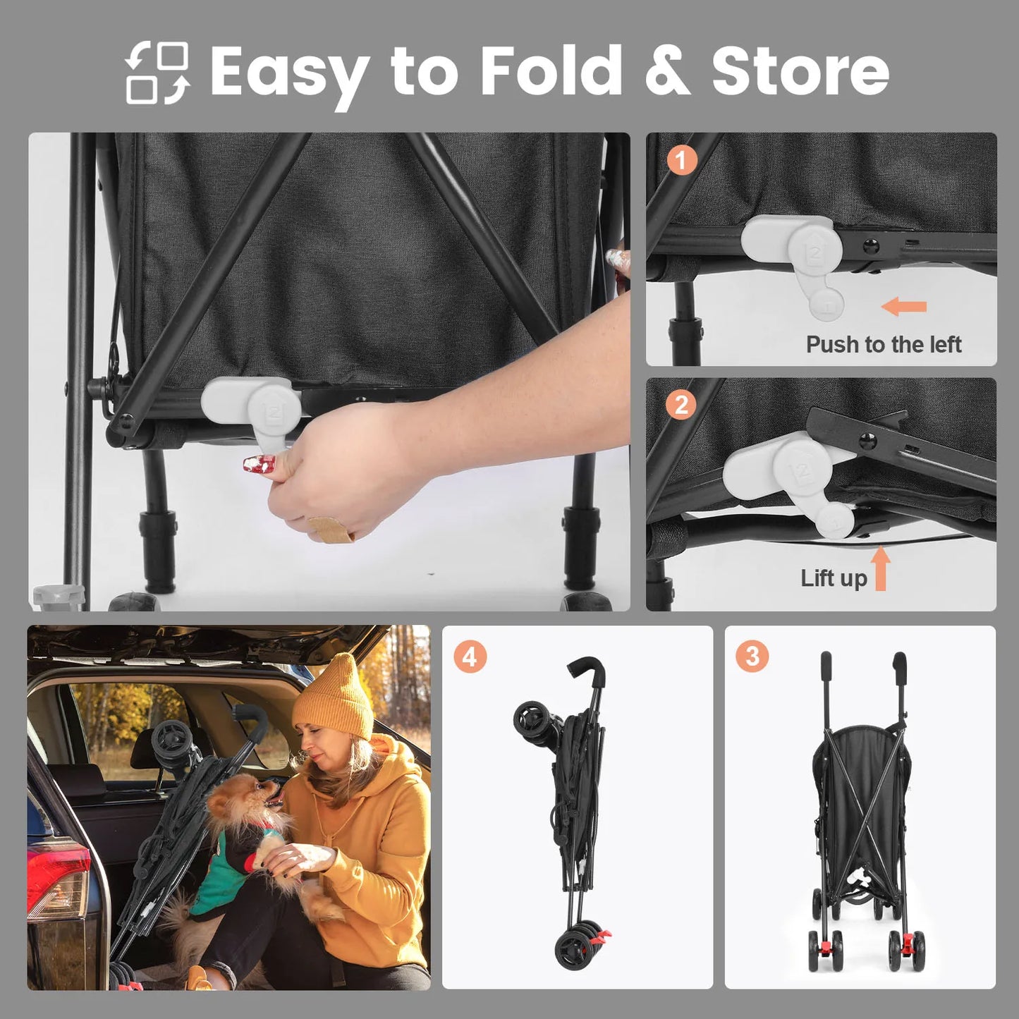 Wedyvko Pet Dog Stroller 4 Wheels, Puppy Stroller Rotate with Brakes Storage for Dogs Cats