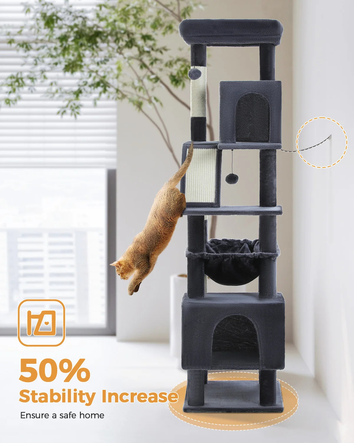 Tall Cat Tree with Scratching Posts Cozy Hammock Top Perch Multi-Level Large Cat Tower Spacious Cat Condo for Indoor Cat Toys