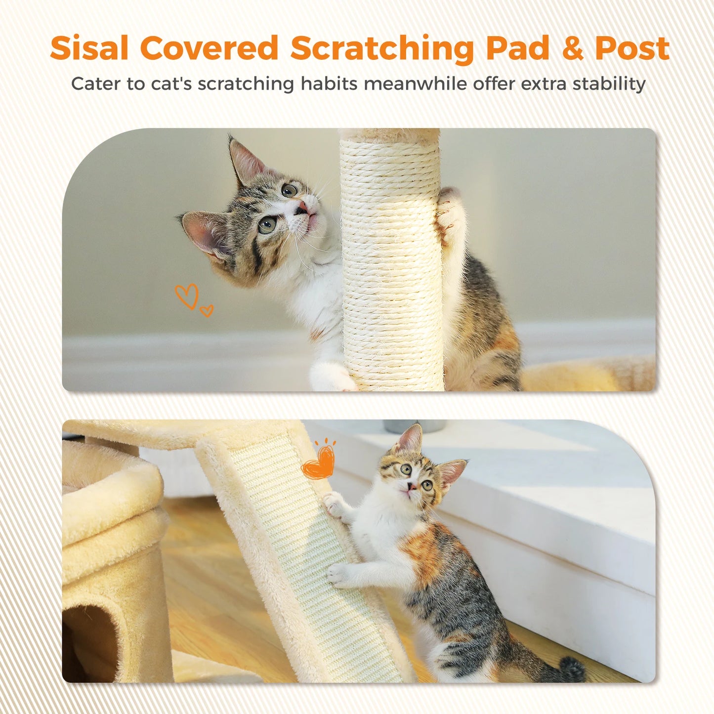 Small Cat Tree for Indoor Cat, Tower with Sisal Scratching Post and Pad, Wide Top Perch , Large Cat Condo ,Cat Scratchers, Cat Toys