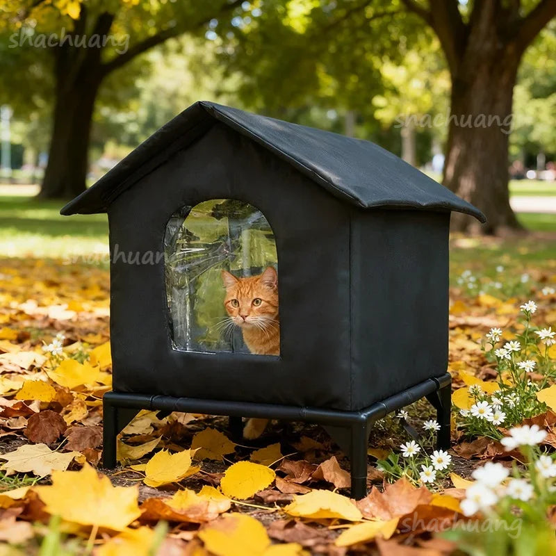 Large Outdoor Insulated Cat & Dog House -Winter Warm Elevated Shelter with Curtain Roof, Sturdy Zipper-Access Door & Stable Base