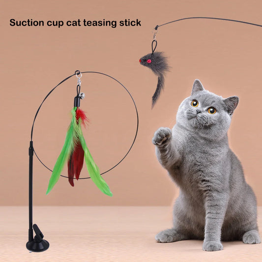 Funny Cat Toys Suction Cup Cat, Teaser Stick Removable Handheld Cat Interactive Toy
