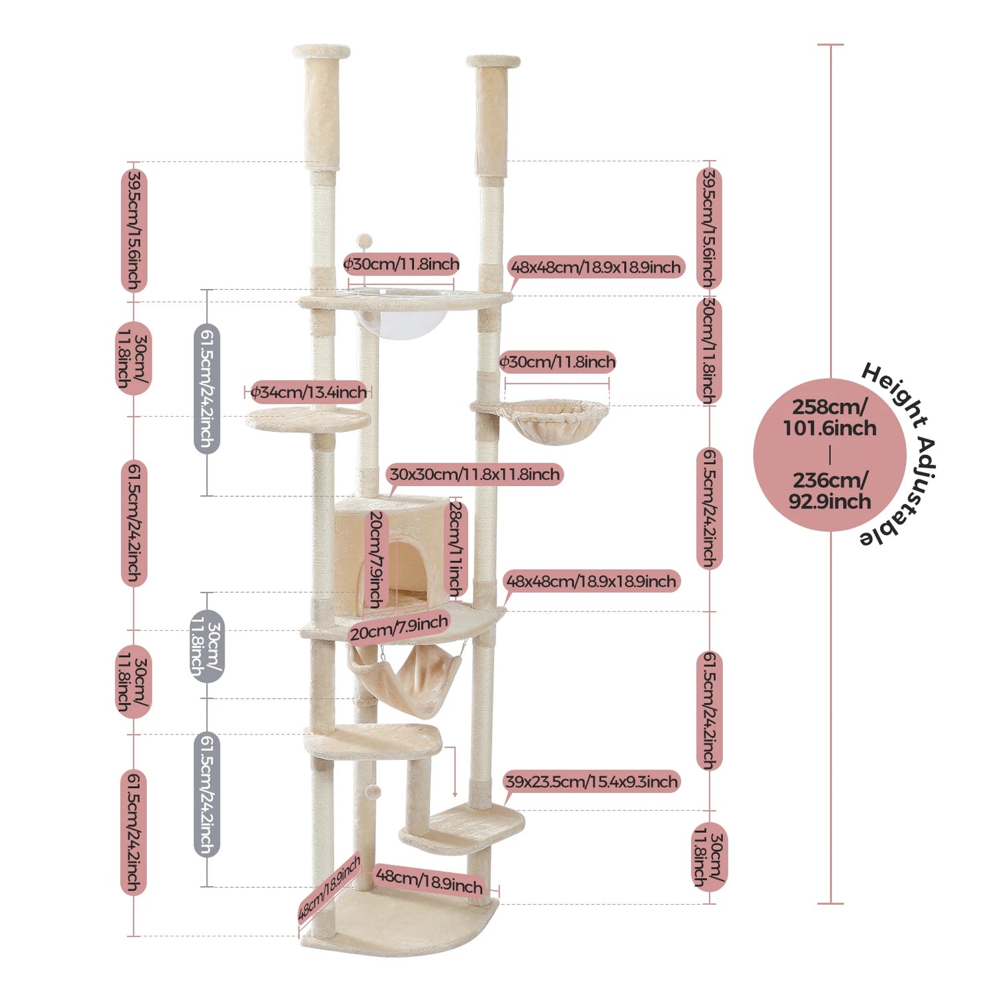 Floor to Ceiling Cat Tree Adjustable, Cat Tower Tall Kitty Climbing Play House with Scratching Posts, Cozy Condo Perches, Hammock