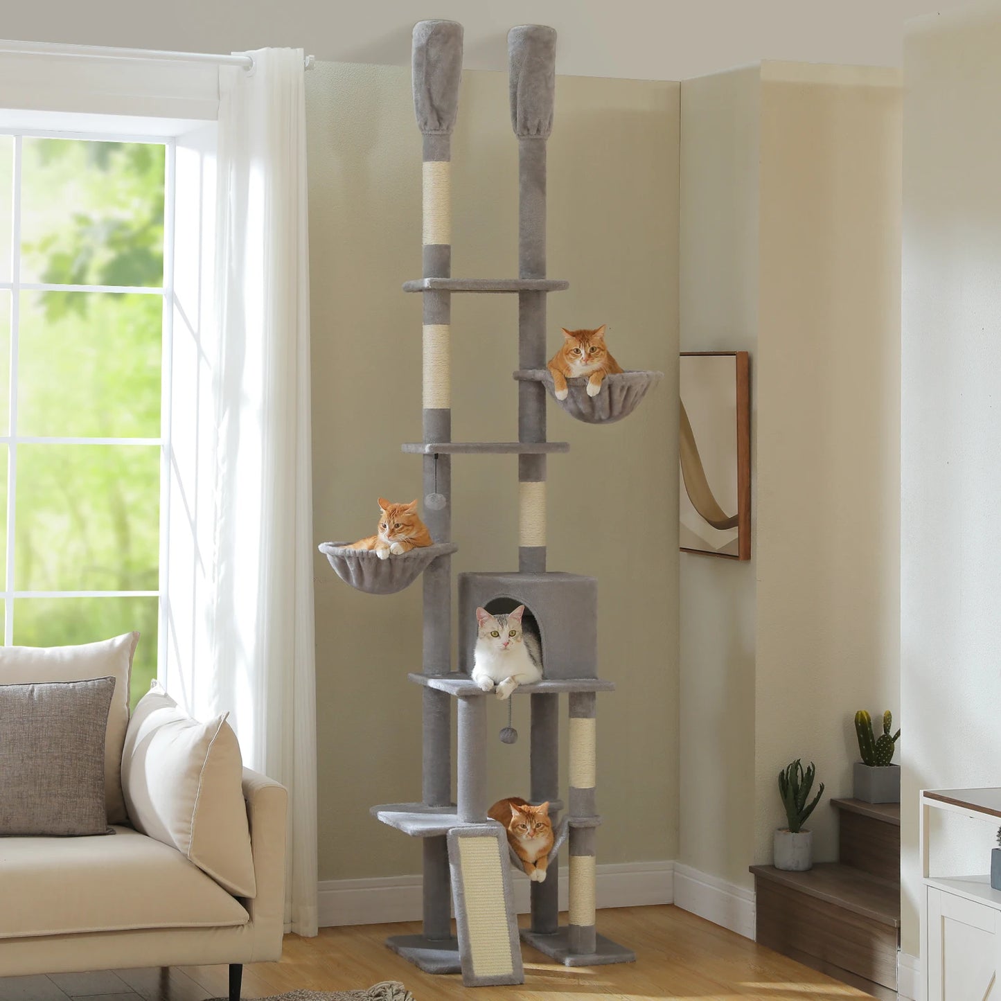 Cactus Cat Tree Floor to Ceiling, Cat Tower 7 Tiers, Cat Climbing Tree with Cozy Hammocks and Condos 5 Platforms, Scratching Posts