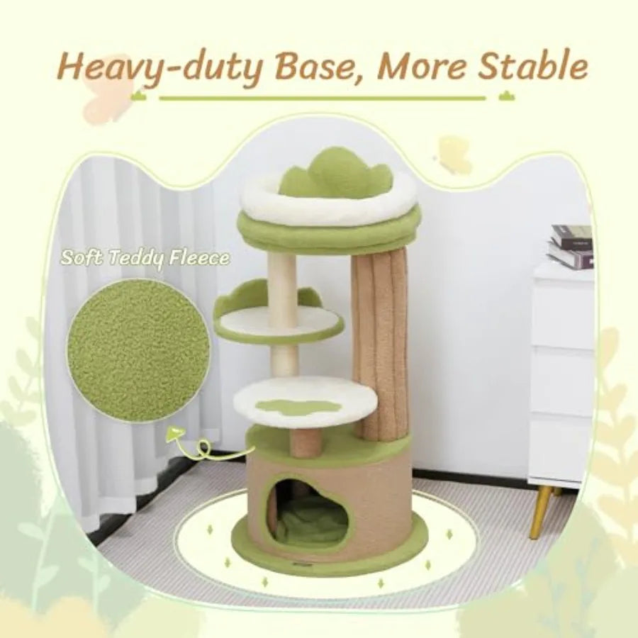 42.5 Cute Cat Tree Green Cat Tree for Indoor Cats,  Aesthetic Cat Tower with Teddy Fleece Cats,  Condo Unique Cat Furniture for Small Cats