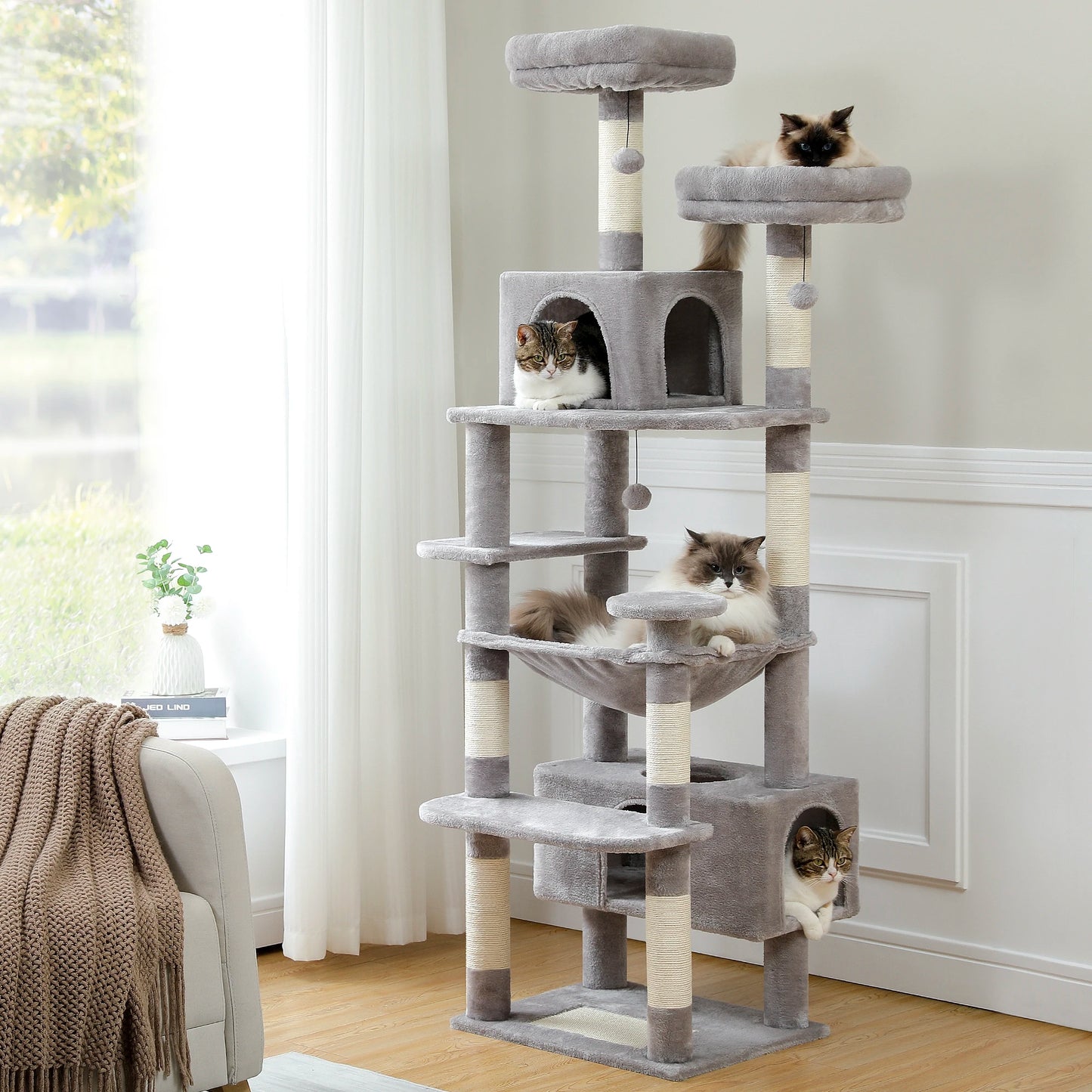 Multi-Level Cat Tree Tower with Scratching Posts &  Board , Hammock, Cat Condo, Spacious Top Perch,Dangling Balls for Indoor Cats