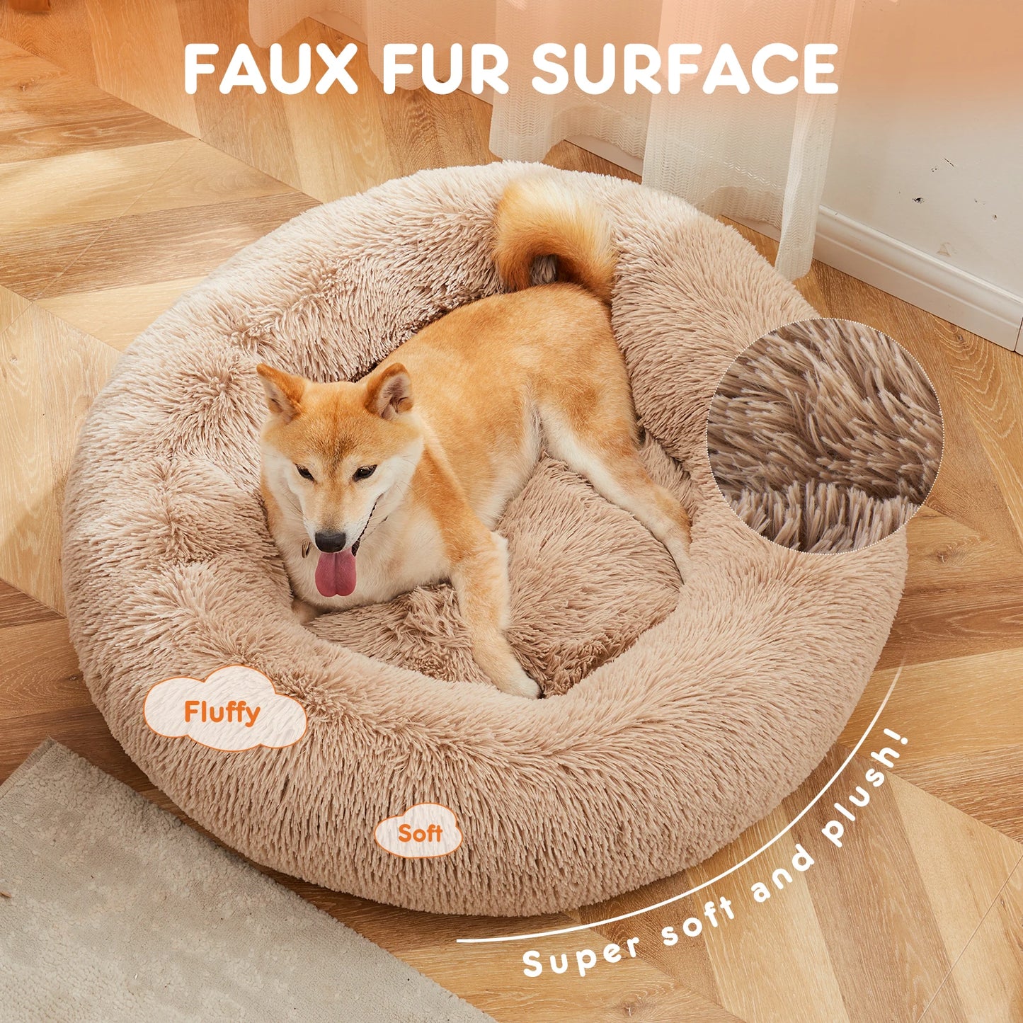JHK Calming Dog Bed for Medium to Large Dogs , Washable Large Pet Bed , Anti-Slip Round Fluffy , Plush Faux Fur Dog Bed