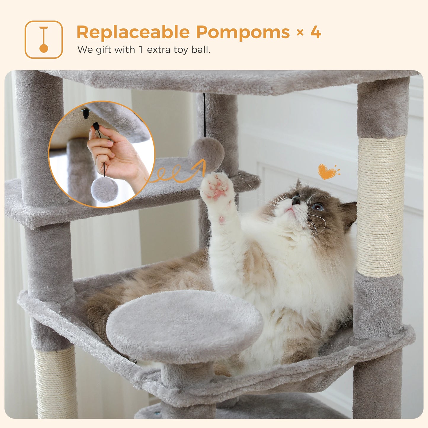 Multi-Level Cat Tree Tower with Scratching Posts &  Board , Hammock, Cat Condo, Spacious Top Perch,Dangling Balls for Indoor Cats