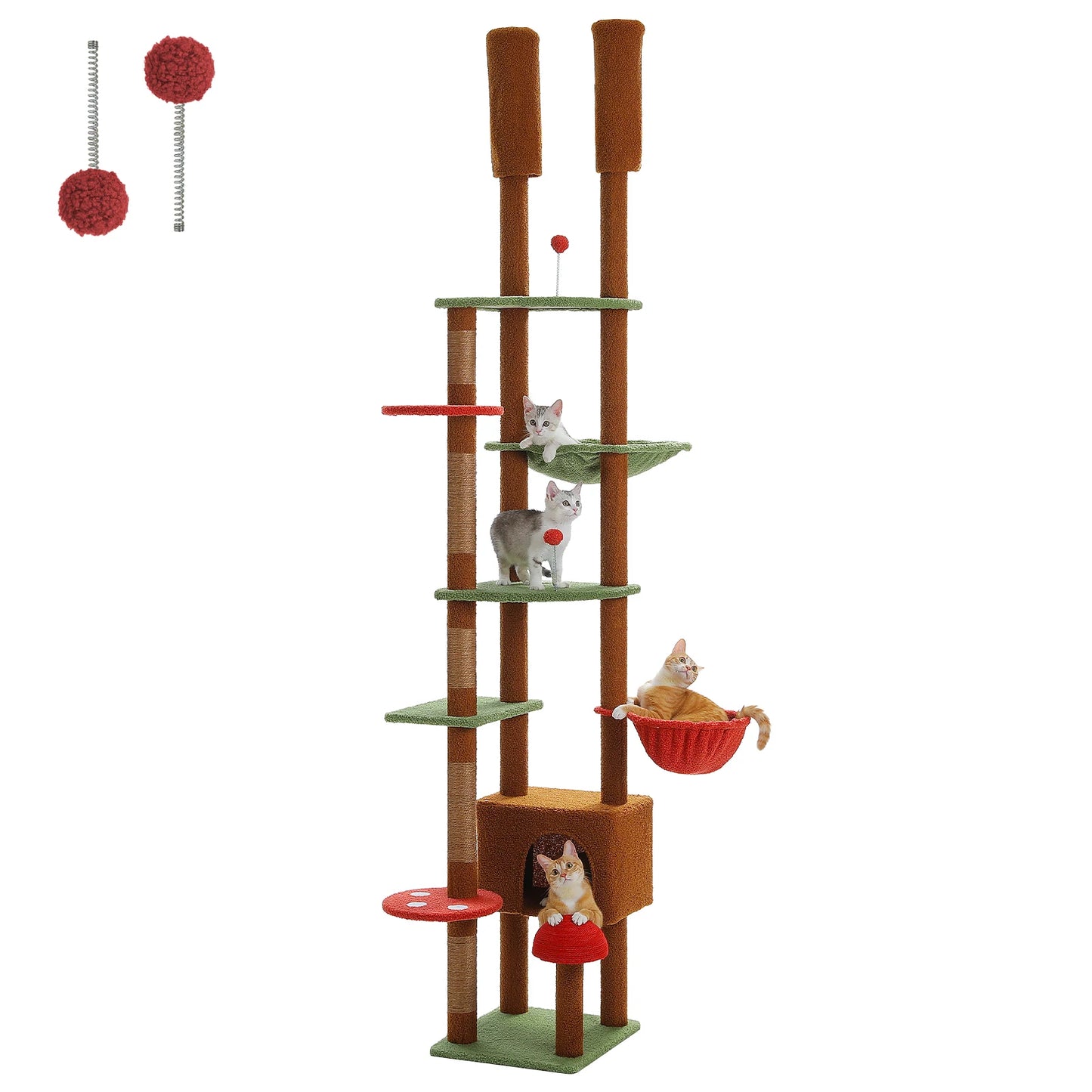 Height Adjustable Wooden Cat Tree with Large Hammock, Sisal Scratching Posts ,Floor to Ceiling Cat Tower ,Cozy Cat Condo for Indoor