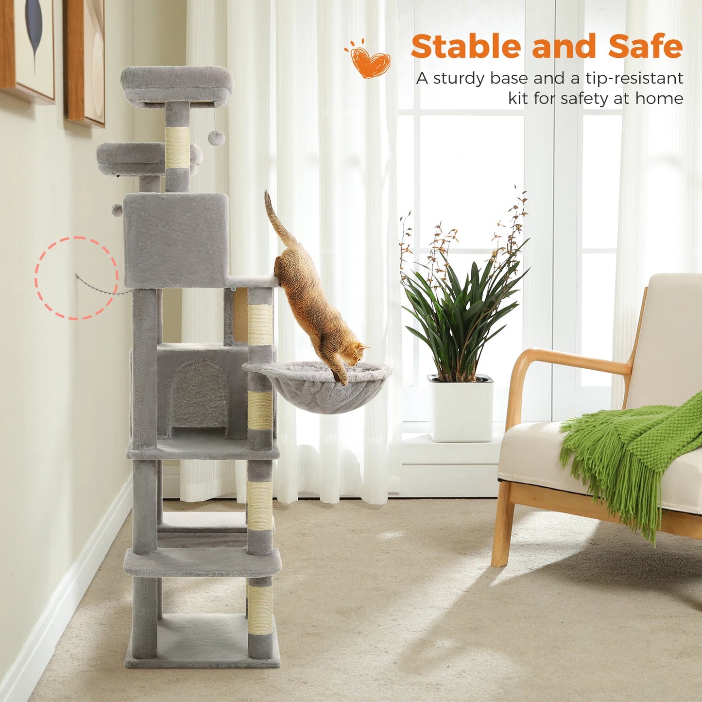 Tall Cat Tree with Scratching Posts Cozy Hammock Top Perch Multi-Level Large Cat Tower Spacious Cat Condo for Indoor Cat Toys