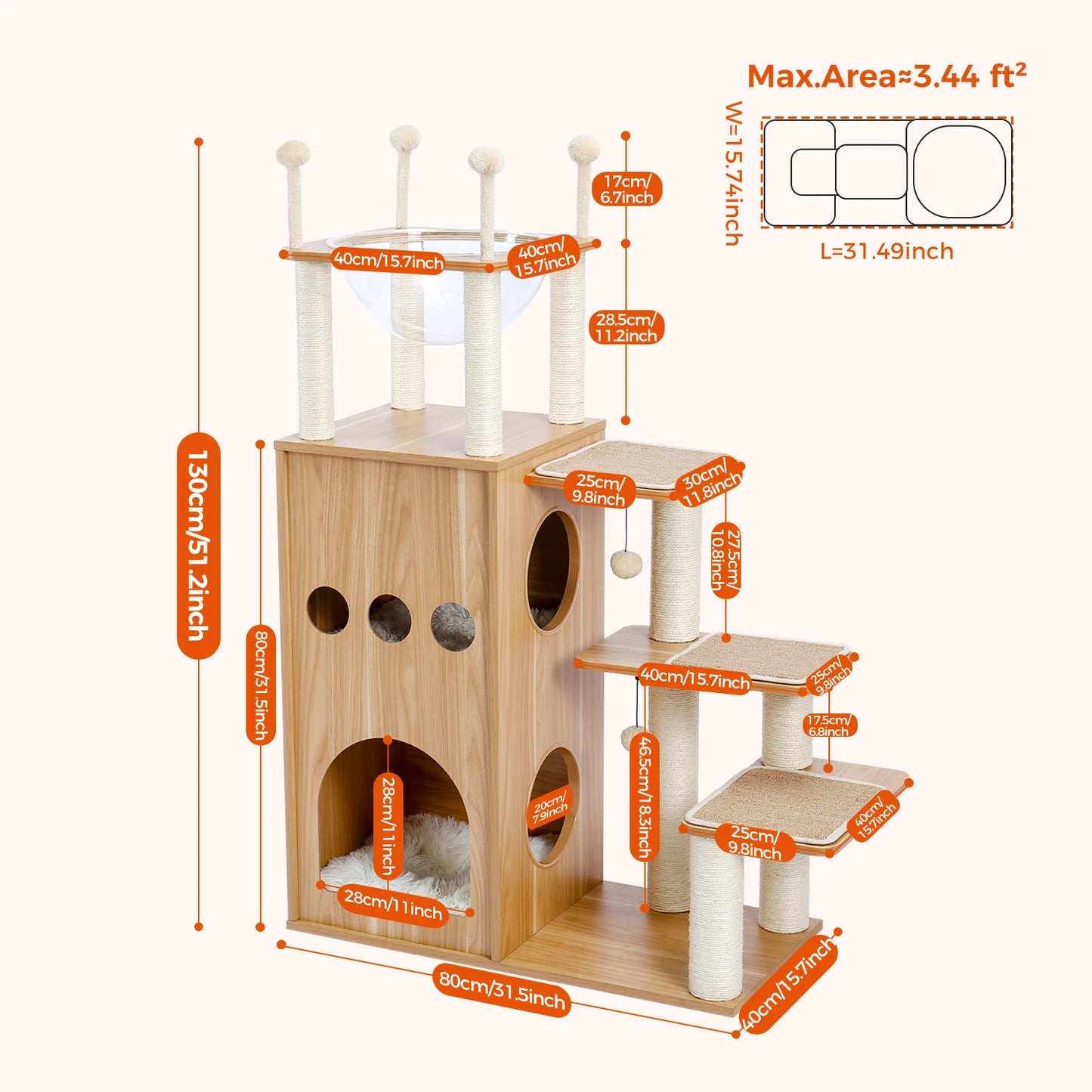 Multi-Level Cat Tree for Indoor Wood Cat , Tower with Scratching Posts Spacious Condo, Hammock Top Perch Cat Scratcher