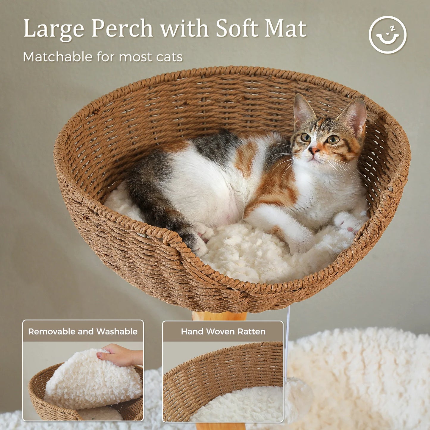 Solid Wood Cat Tree, Modern Cat Tower with Spacious Cat Condo, Flower Perches, Fun Pompom, Double Comfort Perfect for Indoor Kittens