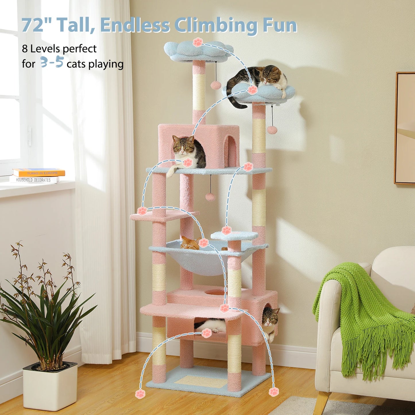 Multi-Level Cat Tree Tower with Scratching Posts &  Board , Hammock, Cat Condo, Spacious Top Perch,Dangling Balls for Indoor Cats