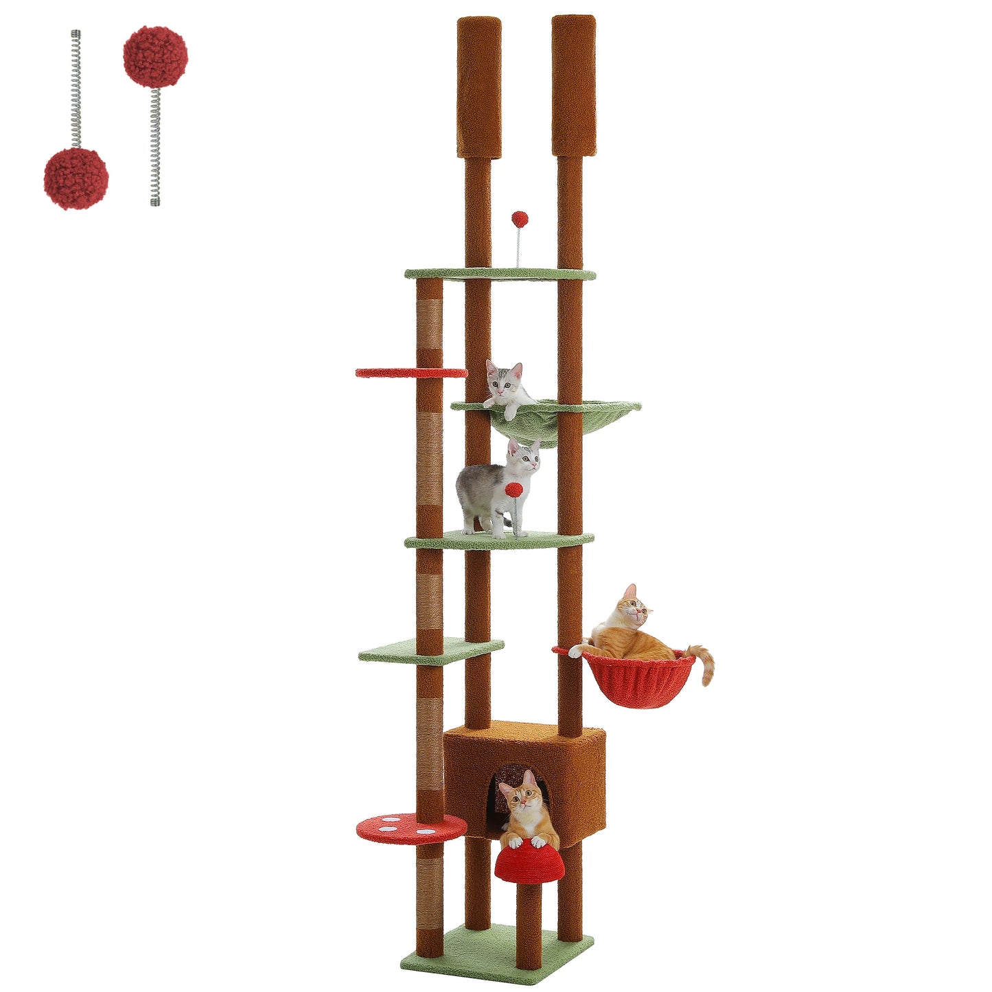 Cat Tree, Floor to Ceiling Cat Tower, Adjustable Height with Cat Condo,, Cozy Hammock and Scratching Post,,Tall Activity Tree Brown