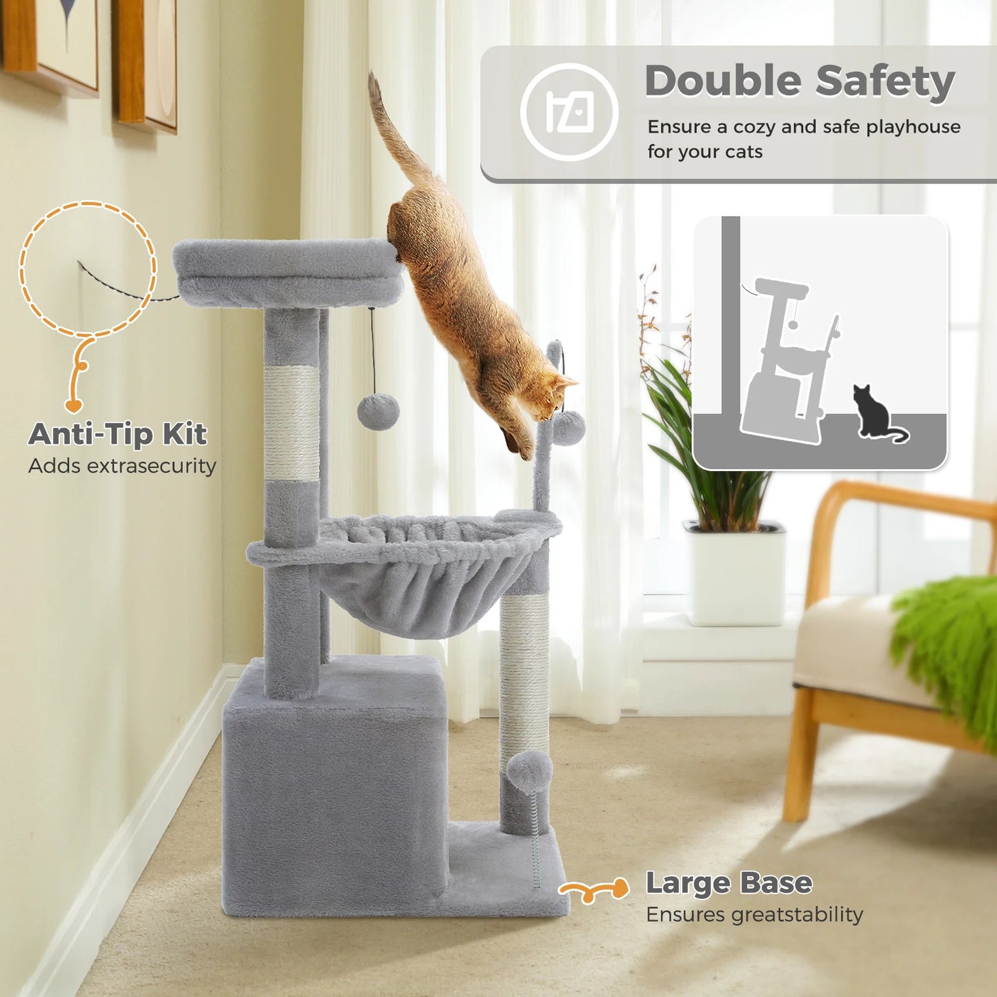 4-in-1 Cat Tree with Large Cat Condo, Sisal Scratching Post, Deep Hammock, Cozy Top Perch, Small Cat Tower for Indoor, Cat Toys
