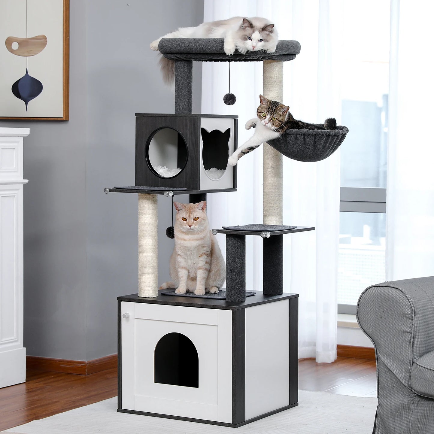 Multi-Level Cat Tree for Indoor Wood Cat , Tower with Scratching Posts Spacious Condo, Hammock Top Perch Cat Scratcher