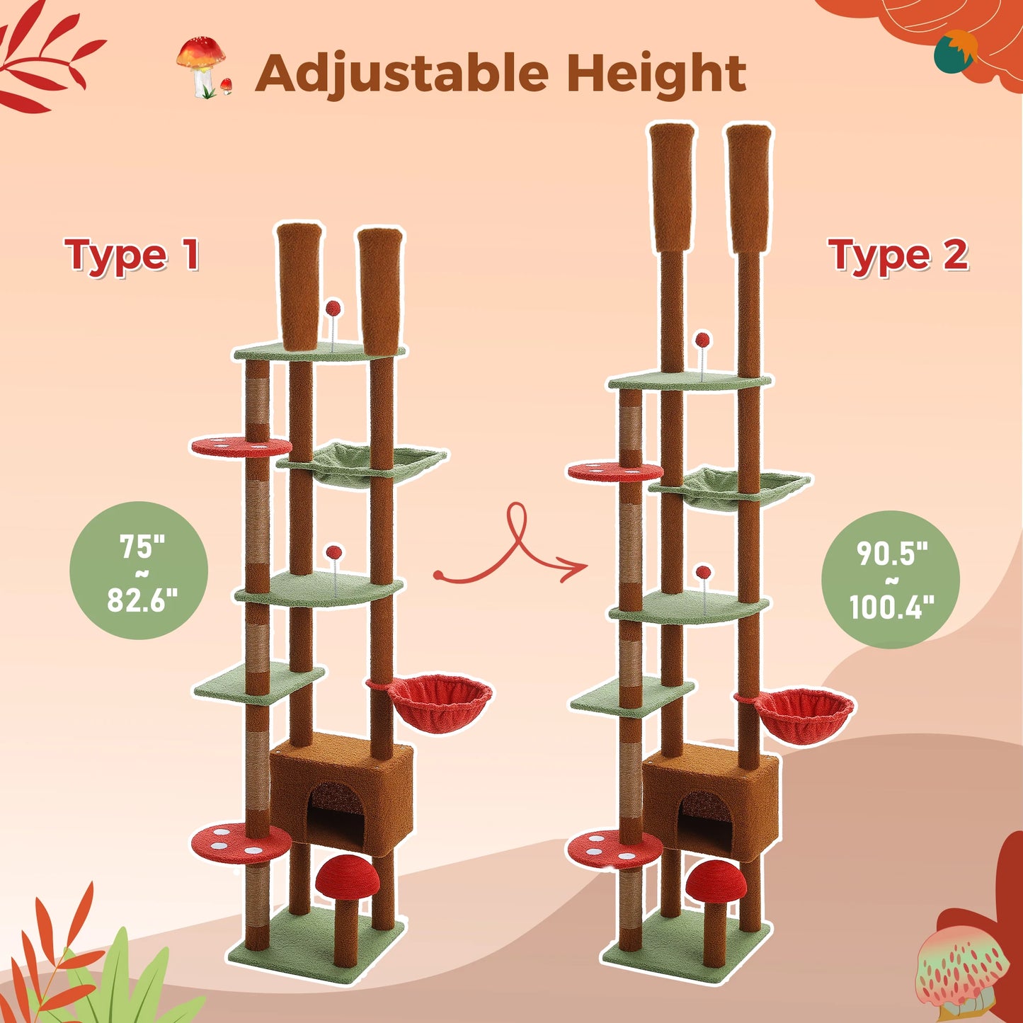 Height Adjustable Wooden Cat Tree with Large Hammock, Sisal Scratching Posts ,Floor to Ceiling Cat Tower ,Cozy Cat Condo for Indoor