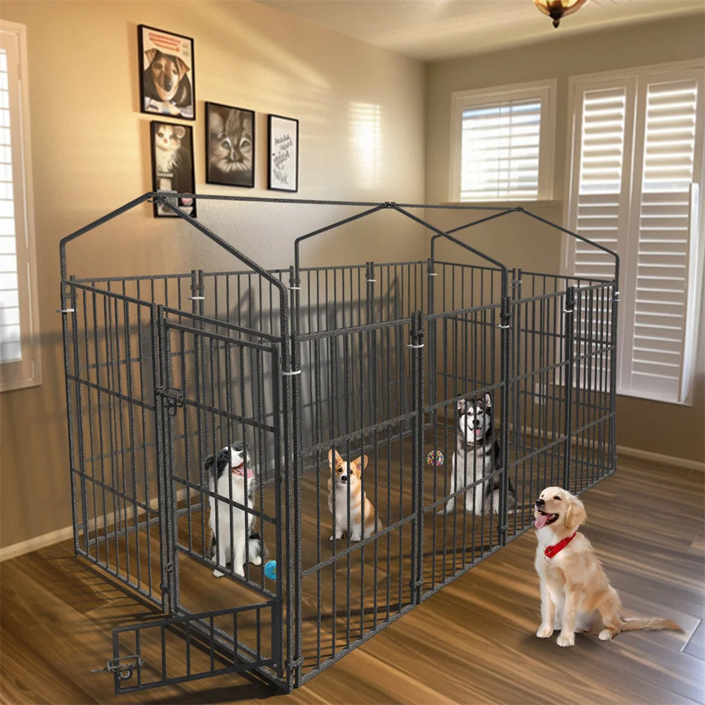 Heavy Duty Large Dog Kennel, Pet Welded Metal Playpen,  Animal Cage with Roof Cover, Pet Run Enclosure , Playpen House Outdoor or Indoor
