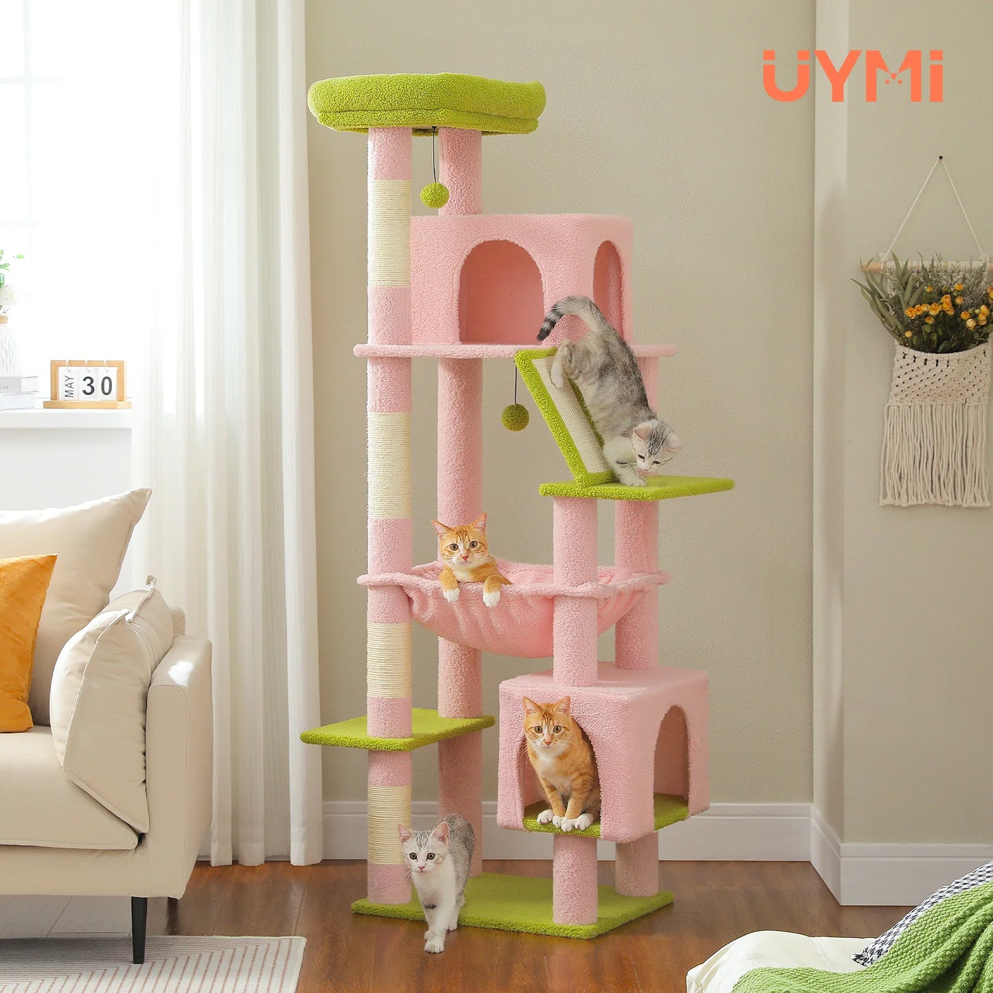 Tall Cat Tree with Scratching Posts Cozy Hammock Top Perch Multi-Level Large Cat Tower Spacious Cat Condo for Indoor Cat Toys