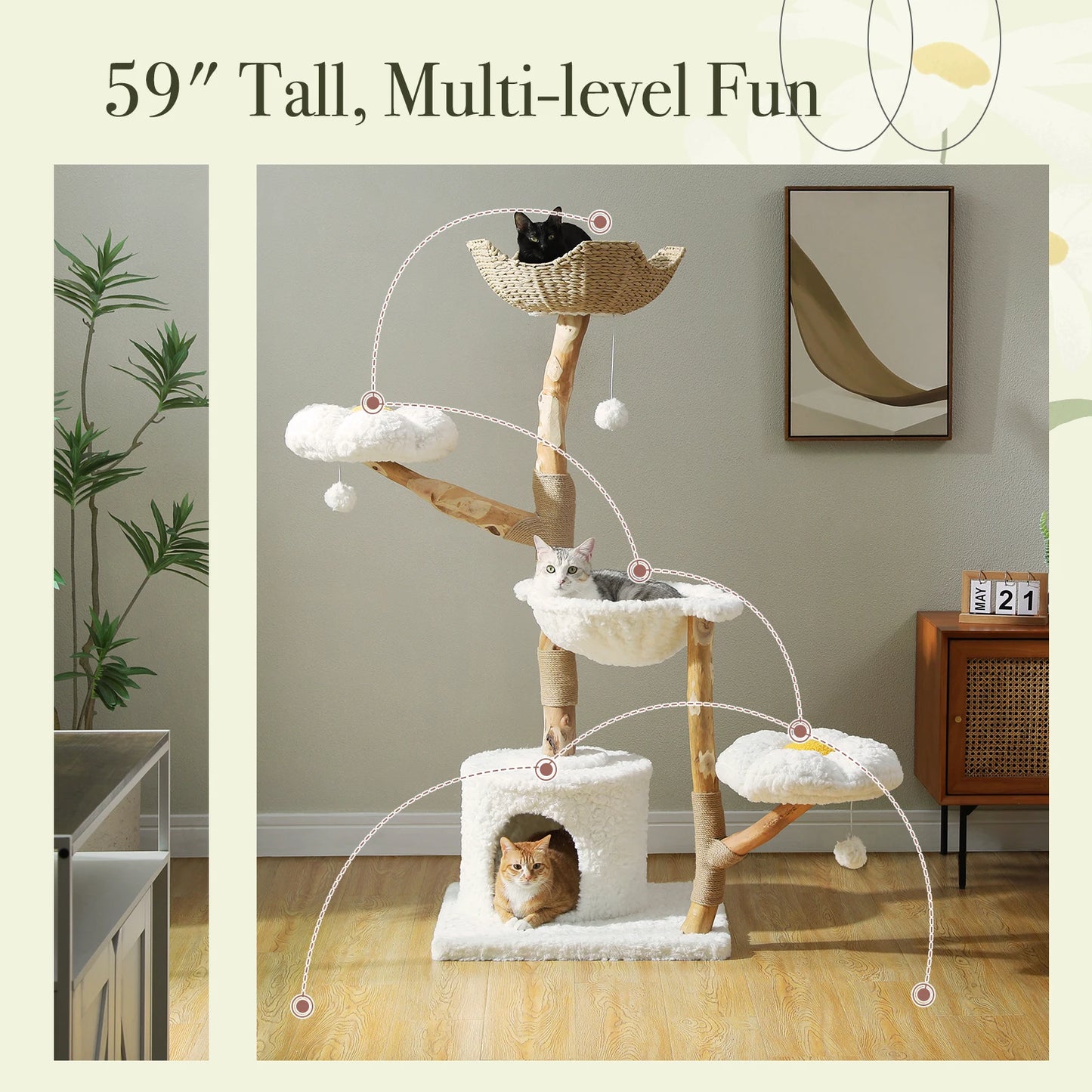 Solid Wood Cat Tree, Modern Cat Tower with Spacious Cat Condo, Flower Perches, Fun Pompom, Double Comfort Perfect for Indoor Kittens