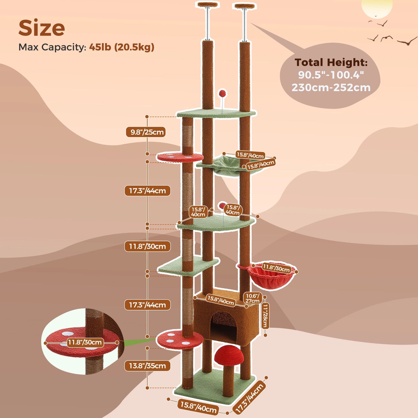Cat Tree, Floor to Ceiling Cat Tower, Adjustable Height with Cat Condo,, Cozy Hammock and Scratching Post,,Tall Activity Tree Brown