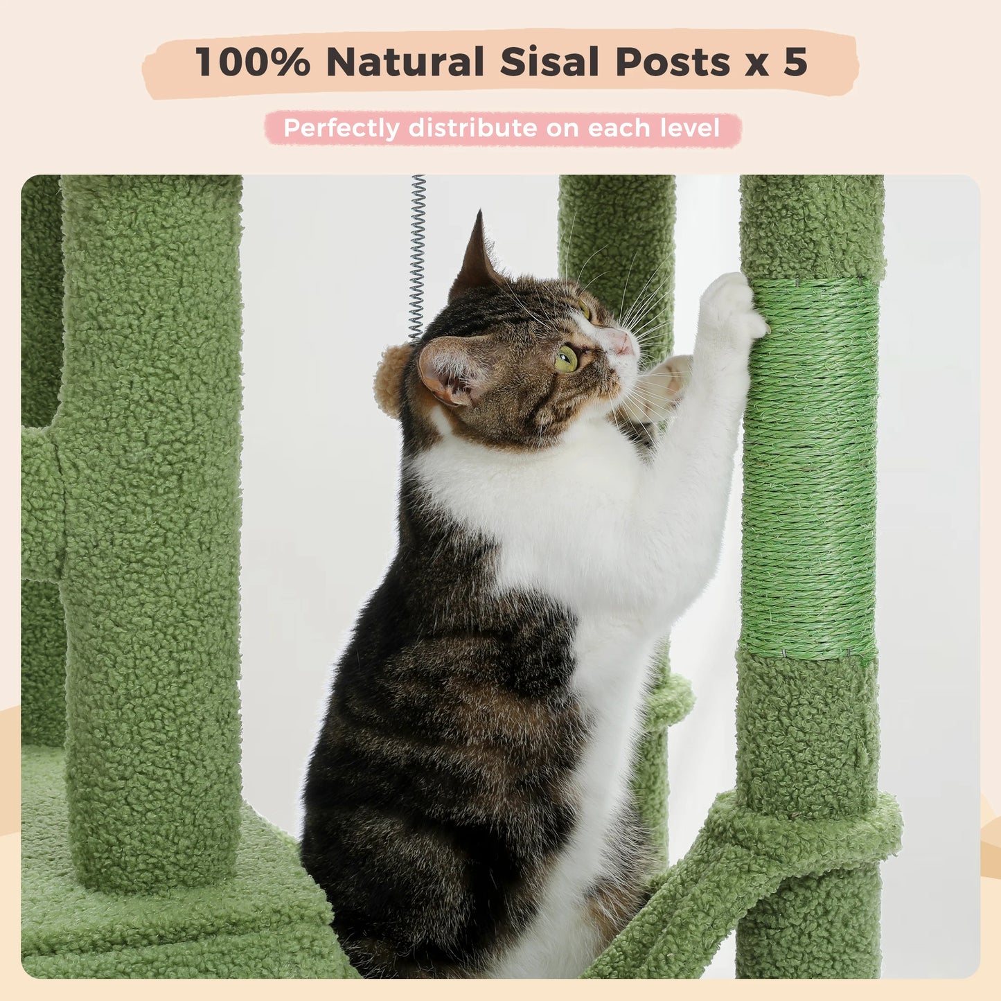 Cactus Cat Tree Floor to Ceiling, Cat Tower 7 Tiers, Cat Climbing Tree with Cozy Hammocks and Condos 5 Platforms, Scratching Posts