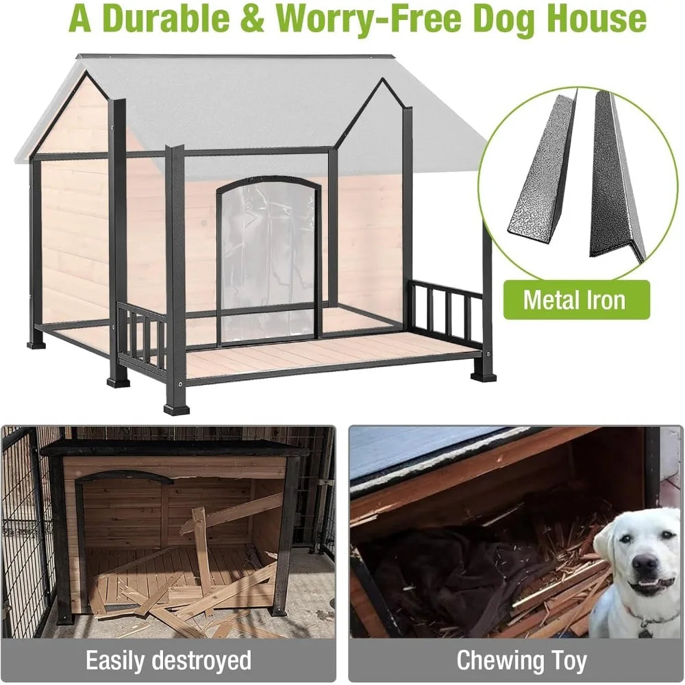 Large Dog House, Outdoor for Large Breed Dogs, Insulated Dog Kennel Outside, Metal Frame, Weatherproof Dog Shelter with Porch