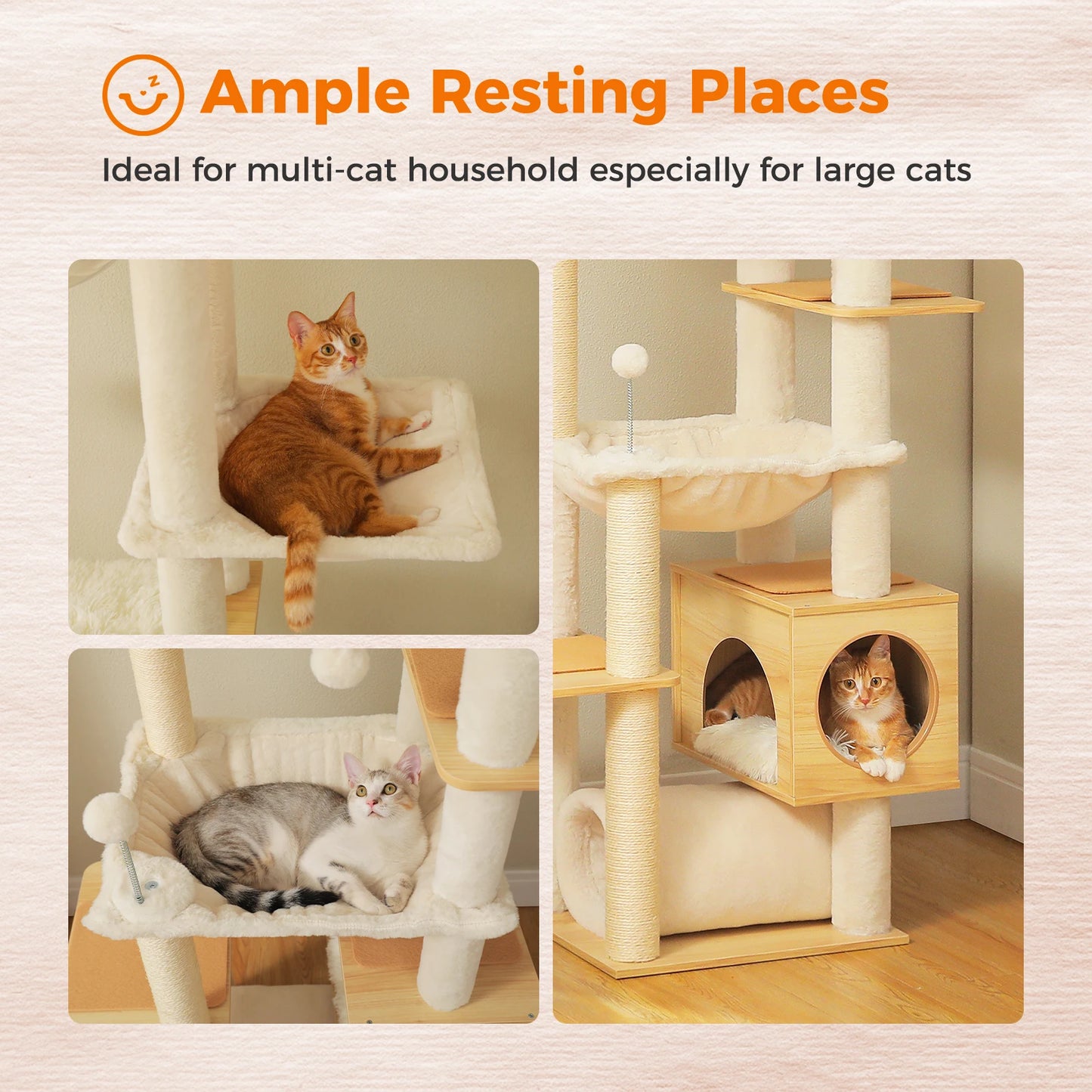 Height Adjustable Wooden Cat Tree with Large Hammock, Sisal Scratching Posts ,Floor to Ceiling Cat Tower ,Cozy Cat Condo for Indoor